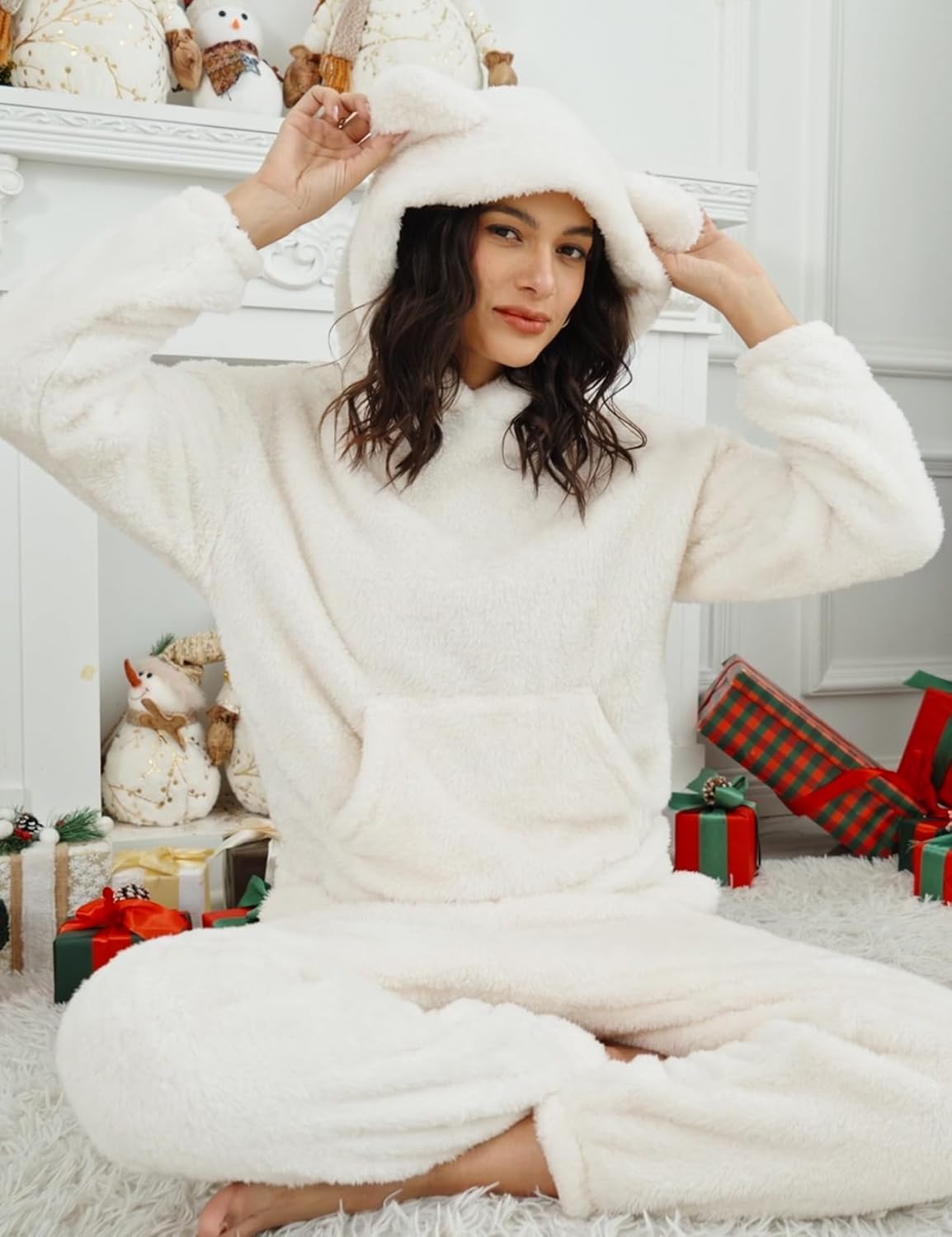 Flygo Women's Fluffy Pajamas Sets Fleece Loungewear Pullover Bear Ear Fuzzy Hoodie Plush Pants 2 Piece Sleepwear with Pockets - Image 3