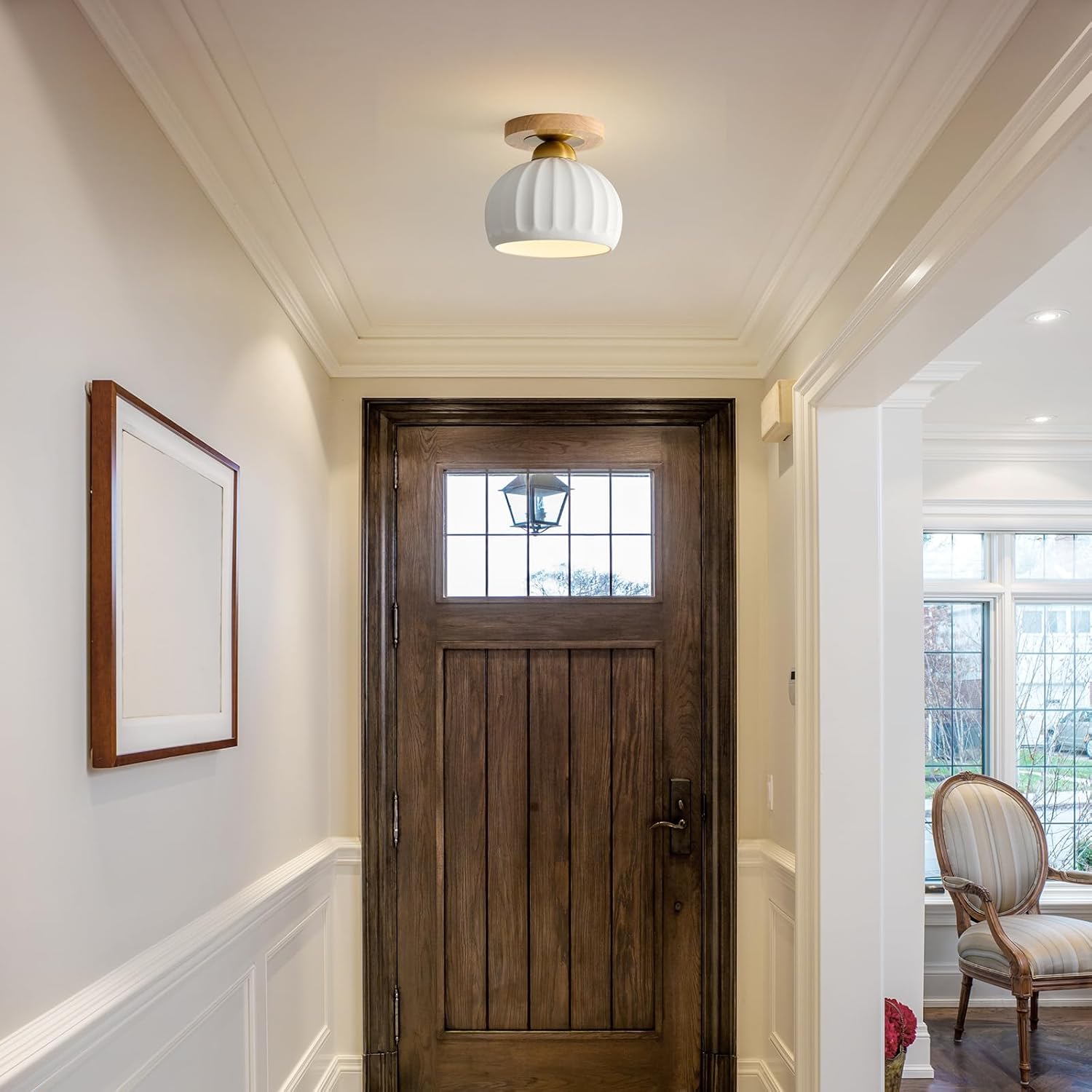 Ceramic Semi Flush Mount Ceiling Light - 2 Pack, Vintage Wood Gold Hallway Light Fixtures, White Globe Ceiling Lights,Mid Century Small Chandelier Light Fixture for Cottage Entryway Laundry Room Foyer