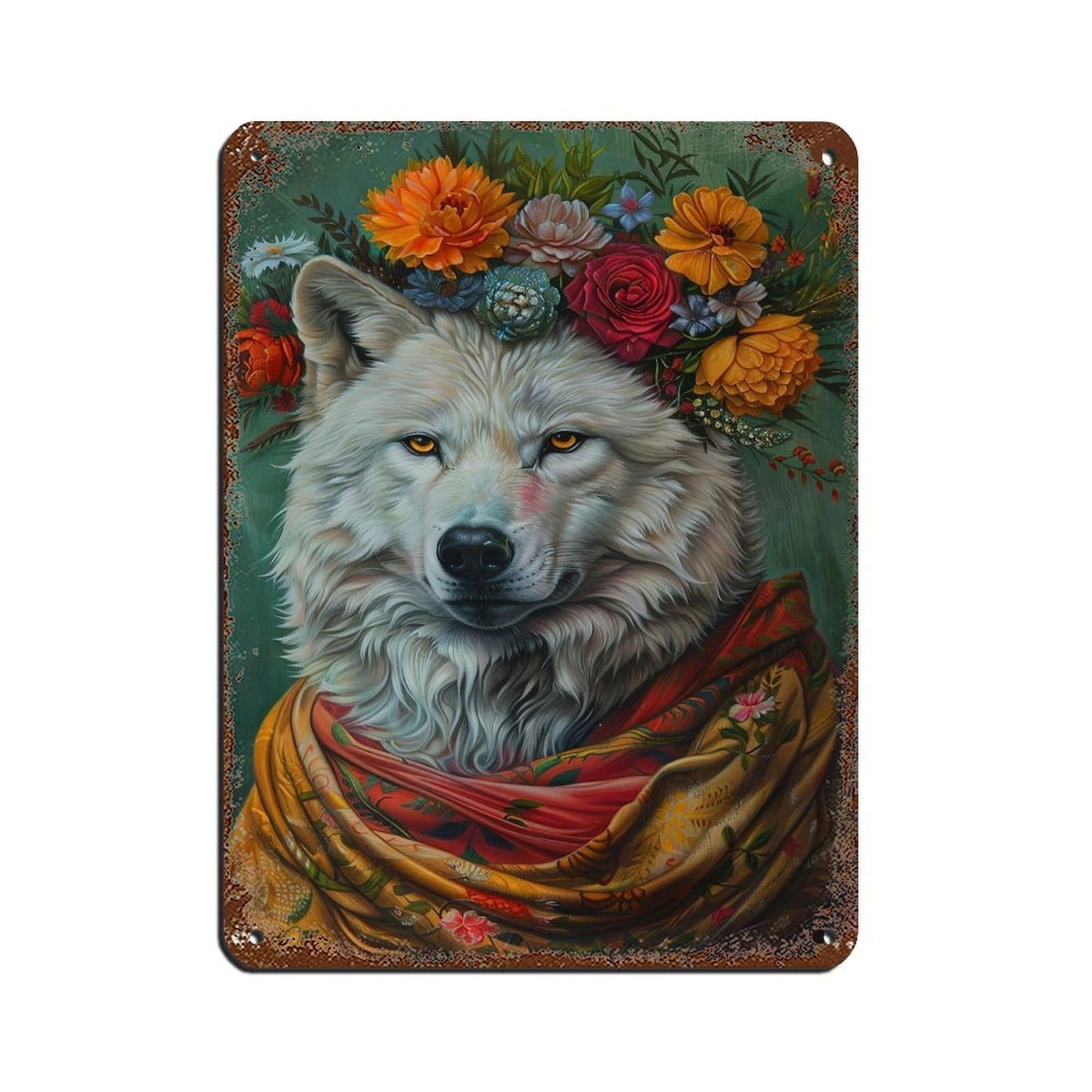 Vintage Minimalist Floral Wolf Poster Retro Poster Metal Tin Sign Chic Art Retro Iron Painting Bar People Cave Cafe Family Garage Poster Wall Decoration 12x16inch(30x40cm)