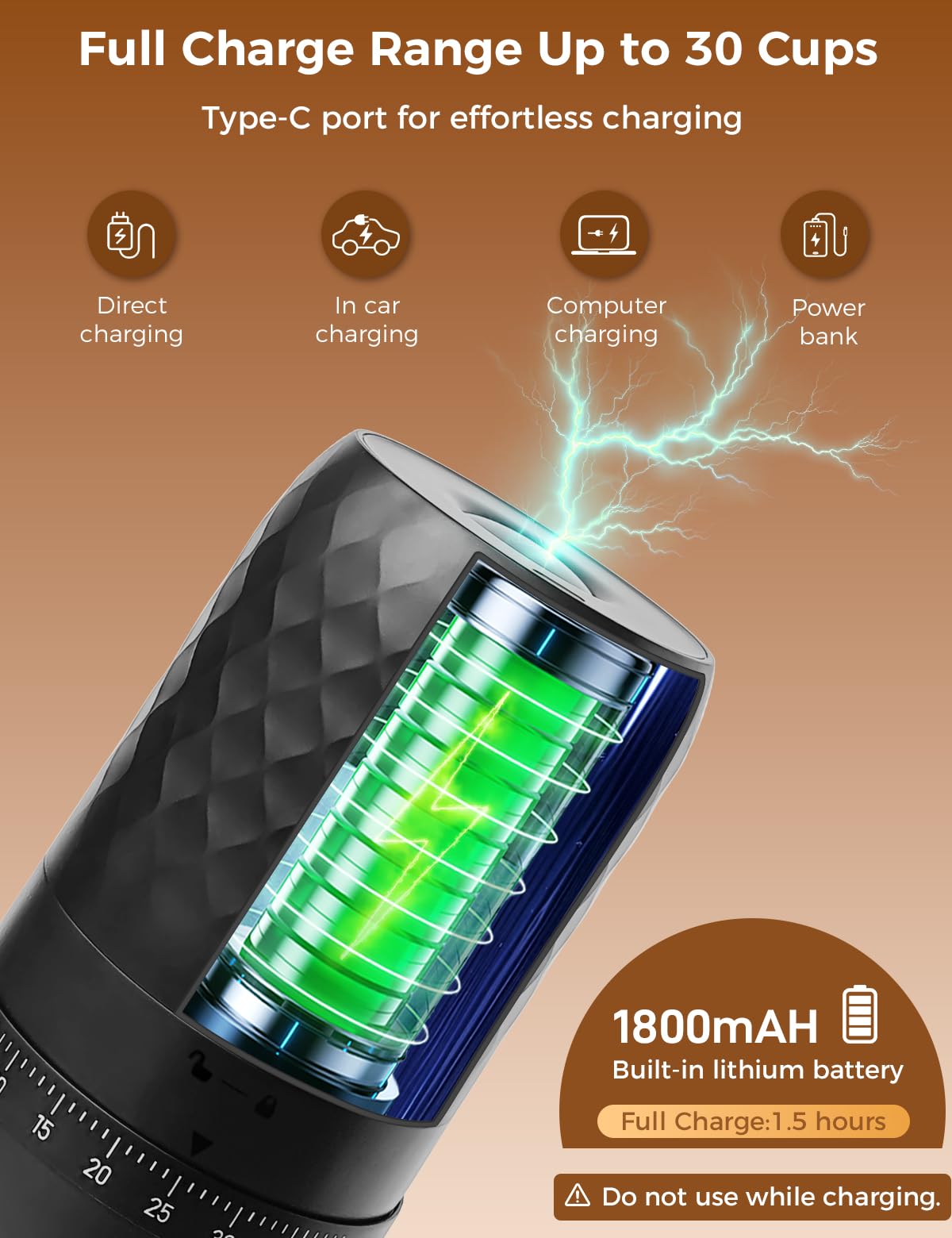 Aswitye Portable Electric Coffee Grinder with 40 Adjustable Settings, 1800mAh Rechargeable Battery and Faster Grinding, Coffee Bean Grinders with Cleaning Brush for Camping, Travel, Office, Home - 5