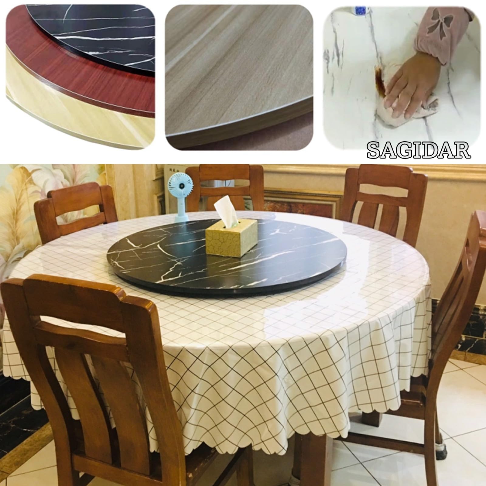 SAGIDAR Grand Plateau Tournant De Table À Manger, Plaque De Service Rotative, Plateau Rotatif en Bois Rond, Diamètre 50cm-100cm, Pas Facile À Incliner, Robuste Et Durable, Roulement Silencieux