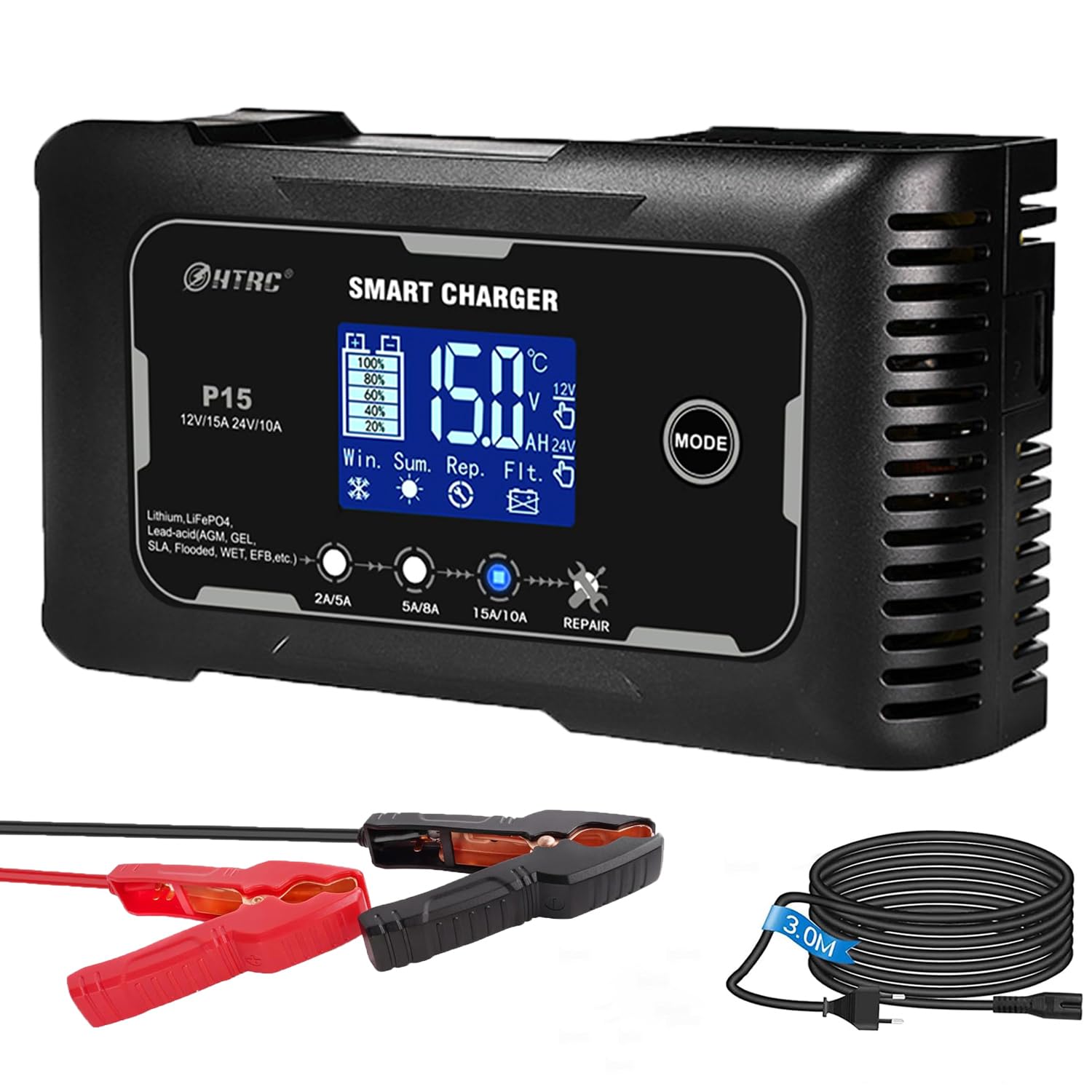 SolaMr 15A Car Battery Charger, 12V and 24V Smart Fully Automatic Battery Maintainer, Trickle Charger with Temperature Compensation for Trucks, Motorcycles, Marine Lithium and Lead Acid Batteries-P15