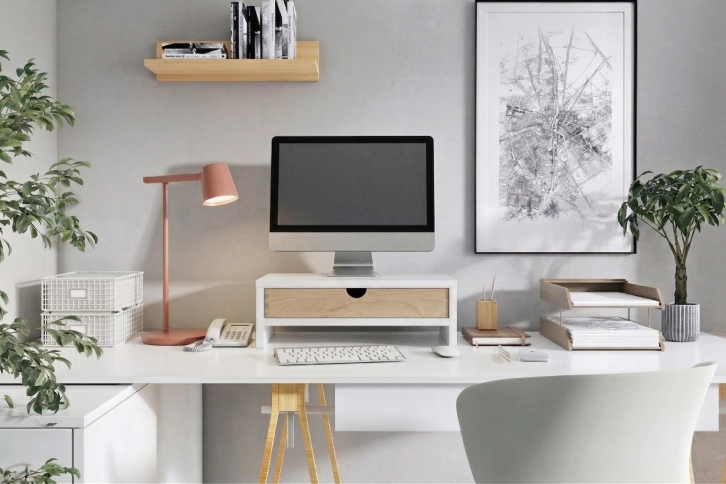 Support de Moniteur avec Tiroir, Blanc | Rehausseur écran Ergonomique en Bois, Support écran PC avec Tiroir, Universel pour Ordinateur Portable ou Écran