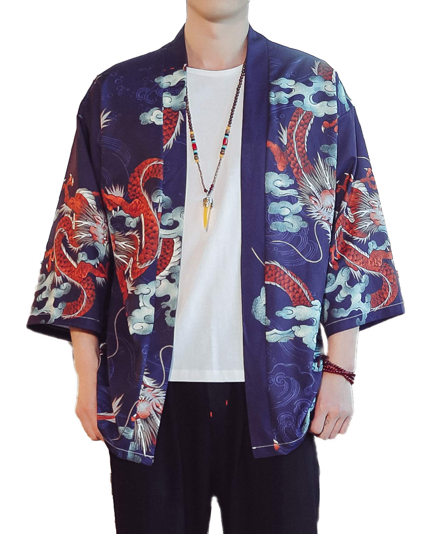 Men's Kimono Jacket Lightweight 3/4 Sleeve Kimono Cardigan Japanese Robe