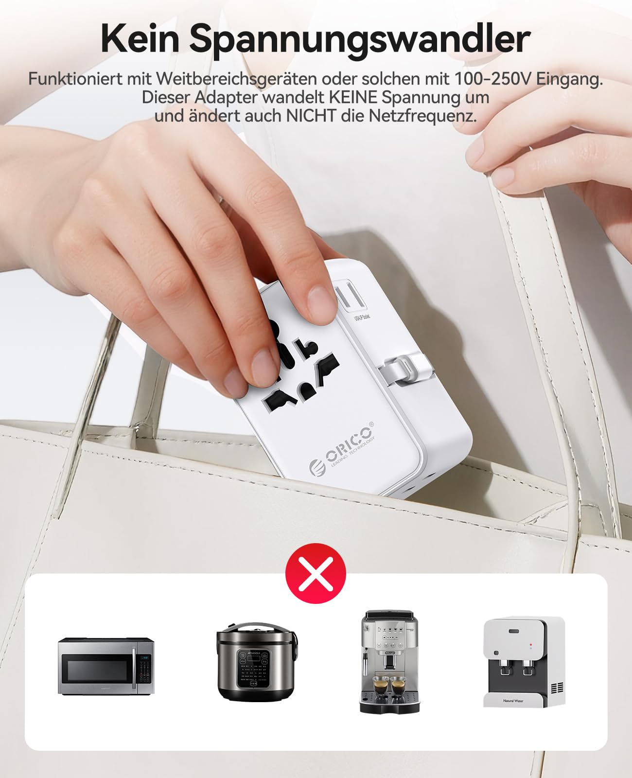 ORICO 70W GaN Reiseadapter mit Ausziehbarem Kabel, 7-in-1 Reisestecker, 3USB-C 2USB-A 2AC, 2 Sicherungen, Internationaler Adapter für Europa, UK, USA, Asien - UAX(Weiß)