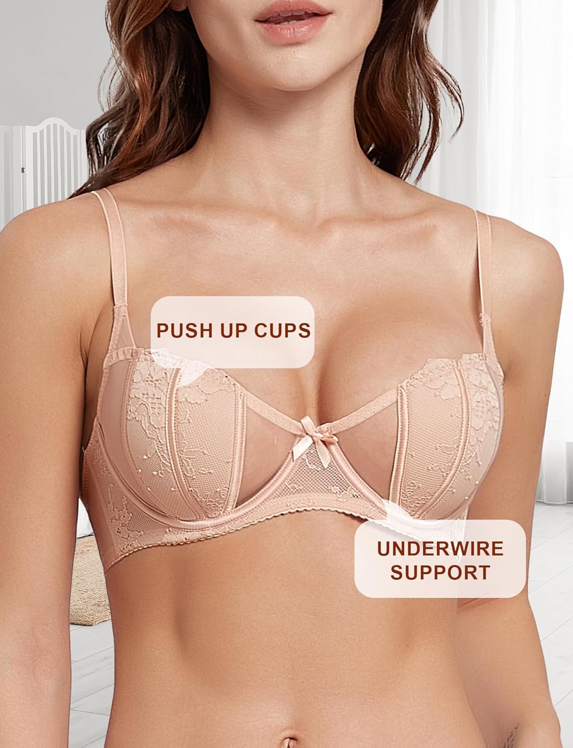 FEOYA Women Lace Bra Bralettes Unlined Mesh Sheer Push Up Lingerie Demi Unlined Underwire