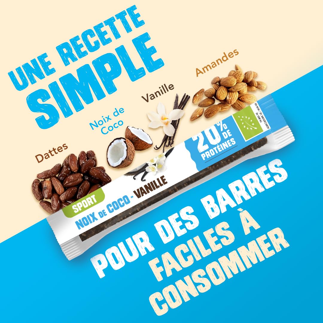 Gourmiz barres de fruits protéinées - 12 x 40gr - (20% de protéines), barre protéinée énergétique bio, dattes, noix de coco, & vanille, snacks vegan, proteine & sans gluten, protein bar
