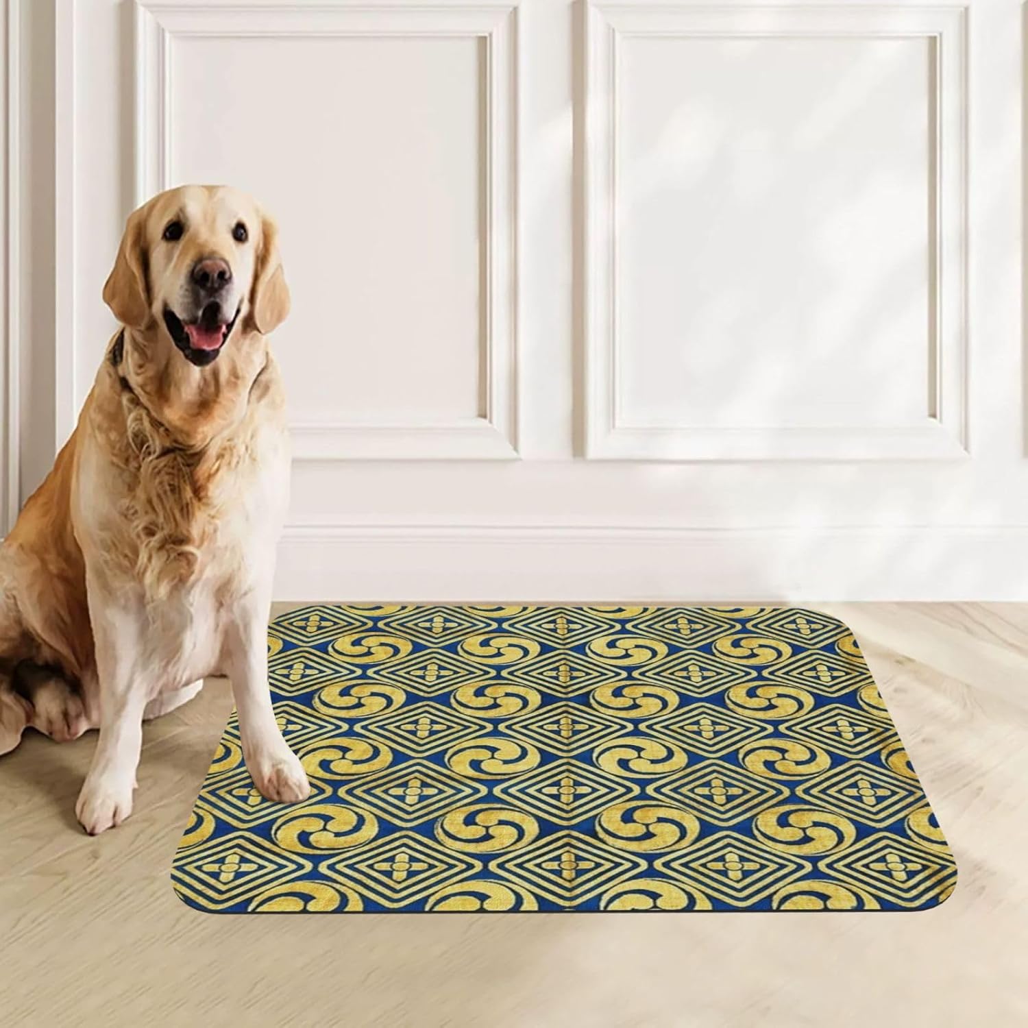 Retro Golden Greek Geometric Key Pet Feeding Mat-Absorbent Quick Dry Pet Cat Dog Food Mat Non Slip Waterproof Rubber Dish Placemat