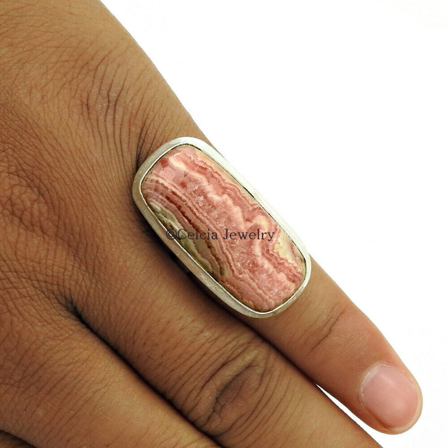 anillo banda hecho a mano con piedras preciosas de rodocrosita natural, anillo bohemio de plata 925 real, regalos de compromiso para parejas, regalos de aniversario para él