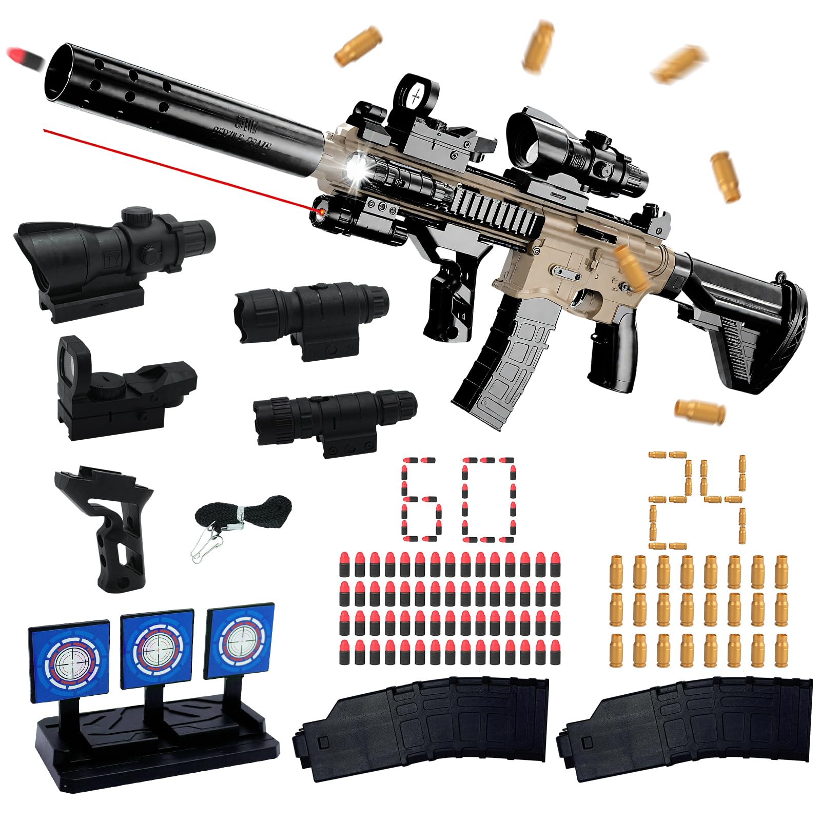 M416 Pistolet Jouet Enfant,Soft Bullet Gun,avec 60 Balles Souples,24 Douille pour Balle Mousse,2 Chargeur Éjectable,3 Lunette de Visée,Poignée,Infrarouge,Lunette,Lampe de Poche,pour les 10 Ans et Plus