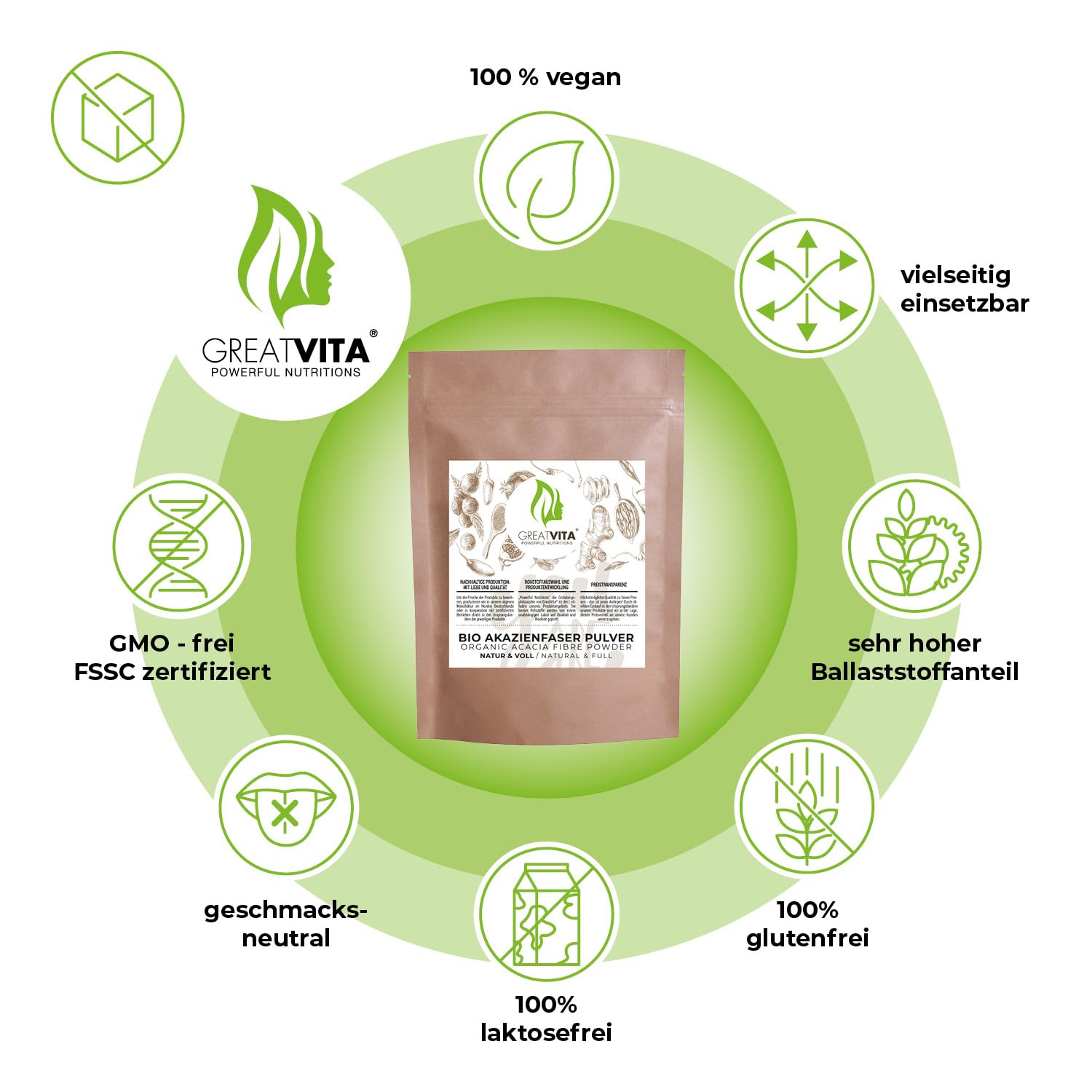 GreatVita Bio Akazienfaser Pulver 400g | über 90% lösliche Ballaststoffe - geschmacksneutral & 100?% löslich | vegane Acacia Fibre mit Calcium, Magnesium, Kalium & Phosphor | ohne Gentechnik & Zusätze