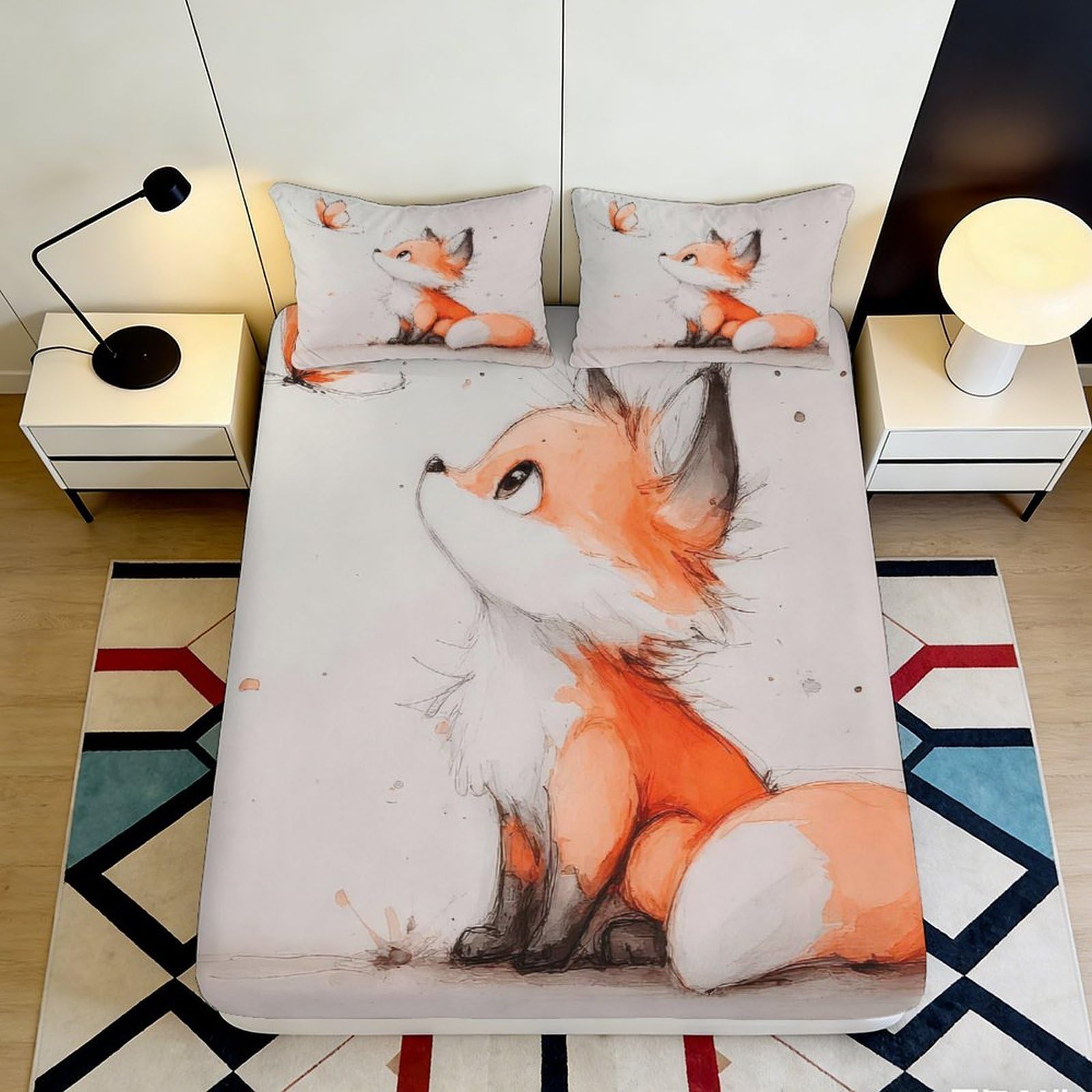 Uxinyoume Style-1 3D Printed Fox Cartoon Fitted Sheet Microfiber Orange Animal Bed Sheet For Bedroom Guest Room Easy Care Decor 90X200x25cm