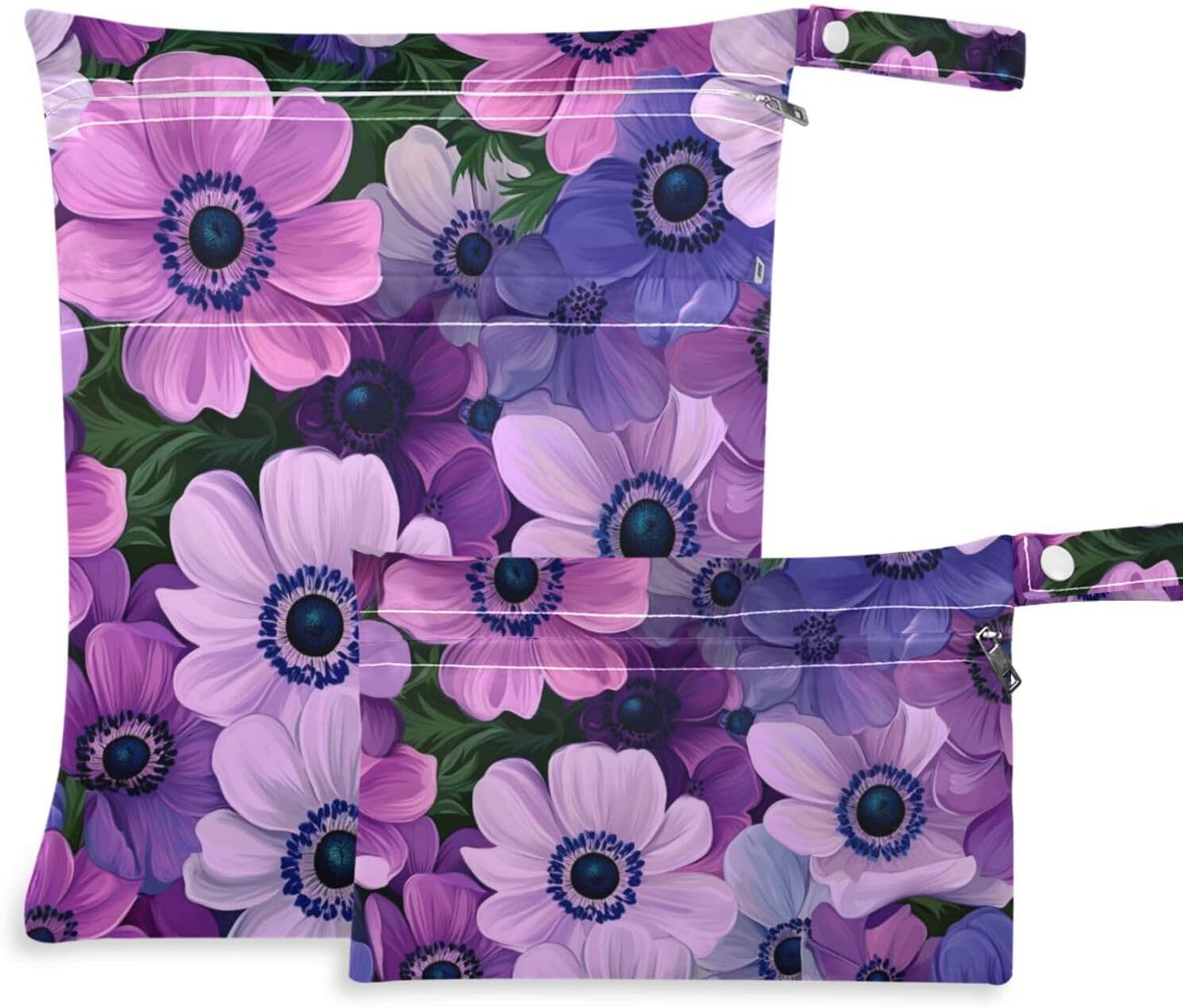 Beautiful Purple Summer Flowers reusable wet clothes bag 2 Pack travel essentials for babies with handles for yoga, daycare