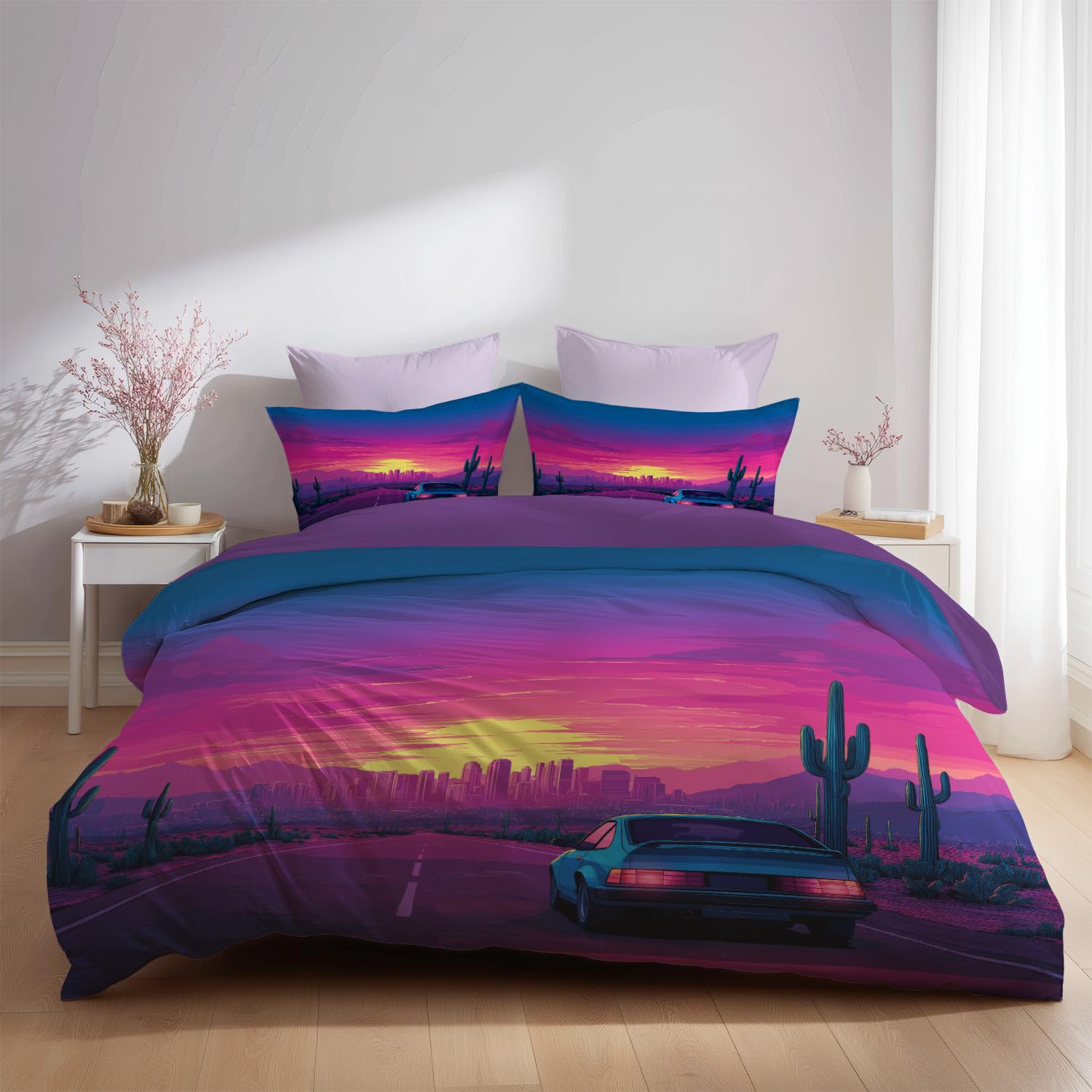 Generisch Zestaw pościeli Anime 180 x 200 cm, magenta, różowa poszwa na kołdrę dla dzieci, młodzieży i dorosłych, na samochodową pustynię, vintage, miękka, puszysta, oddychająca, poszewka na kołdrę z
