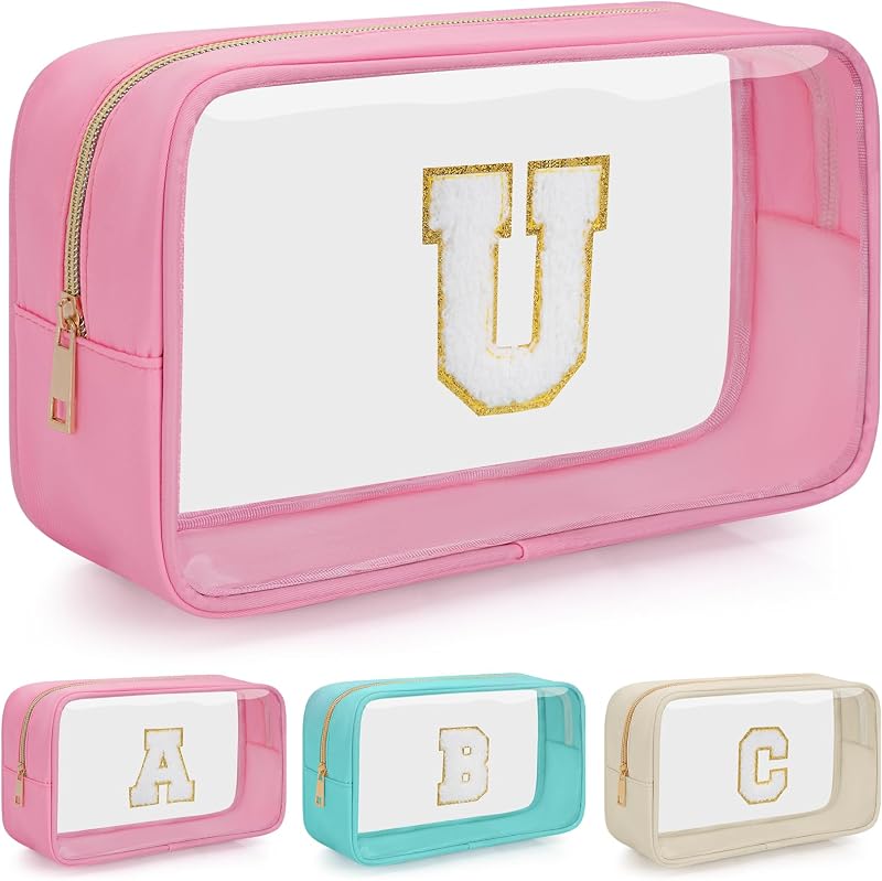 Necessaire de maquiagem transparente WELIDAY com patch de chenille e inicial U