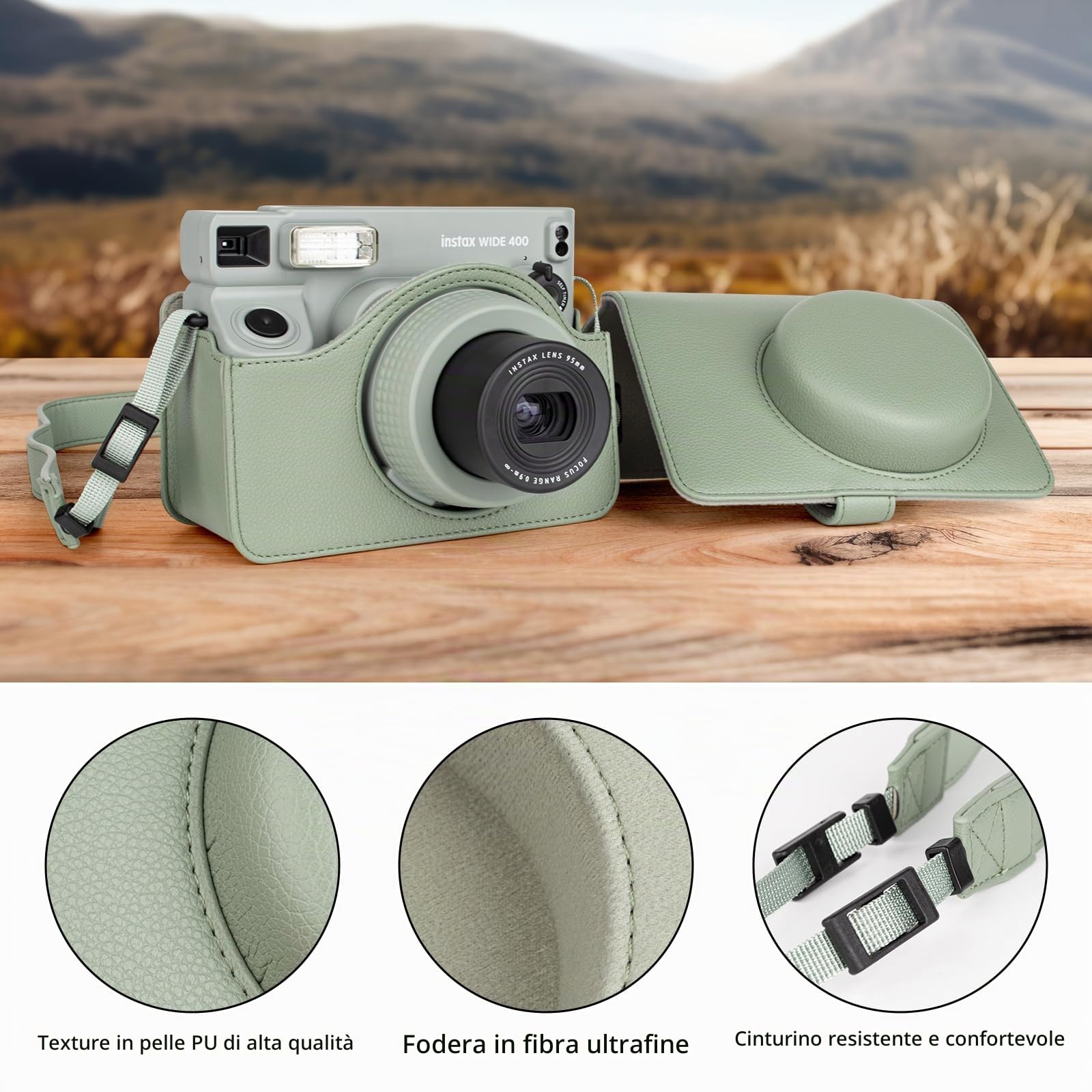 Custodia Protettiva in Pelle Compatibile con Fotocamera Istantanea Fujifilm Instax Wide 400, Custodia per Fotocamera Wide 400 con Tracolla - Verde Fresco