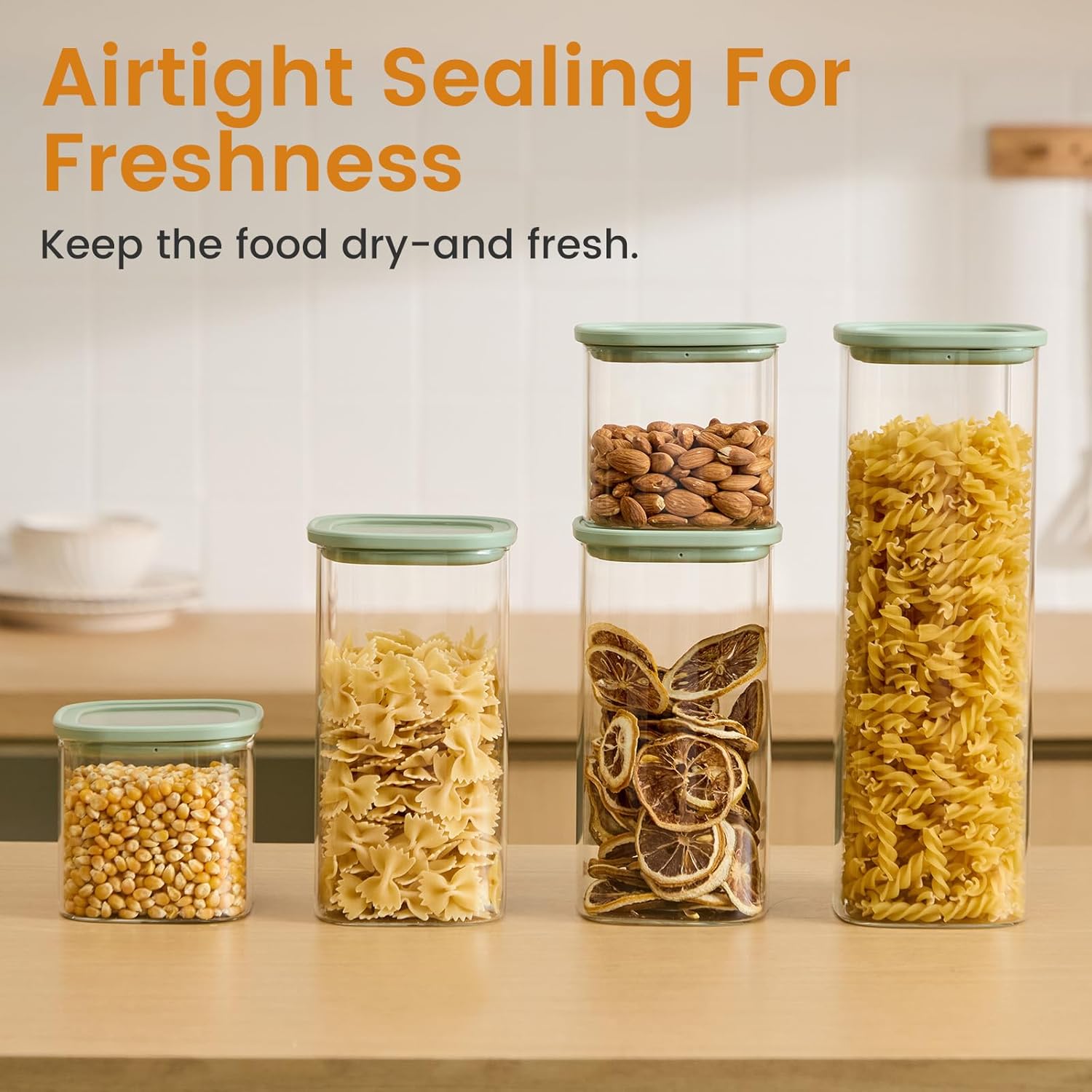 Square Glass Food Storage Jars with Lids Set of 5, Perfect for Pasta, Cookies, Nuts, Coffee, Cereal, Flour,Organize Your Kitchen with these BPA-Free Glass Jars with Lids