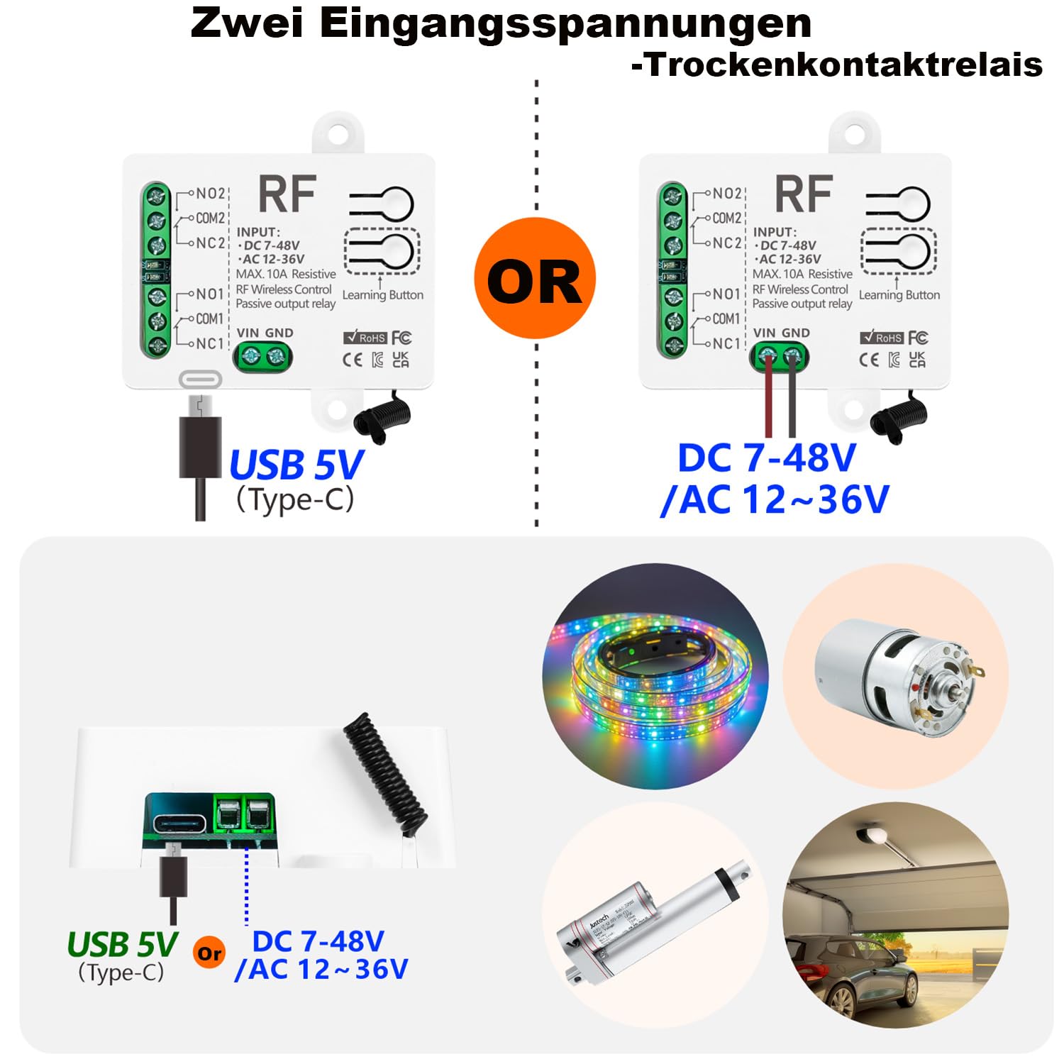 433 MHz RF-Funkfernbedienungsschalter mit 2 Sendern DC 7V 12V 24V 36V 48V AC 12V 24V 36V 10A 2 Kanal Relaisempfänger für elektrischen Vorhang, Garagentor, Motorlicht, Funksteuerschalter