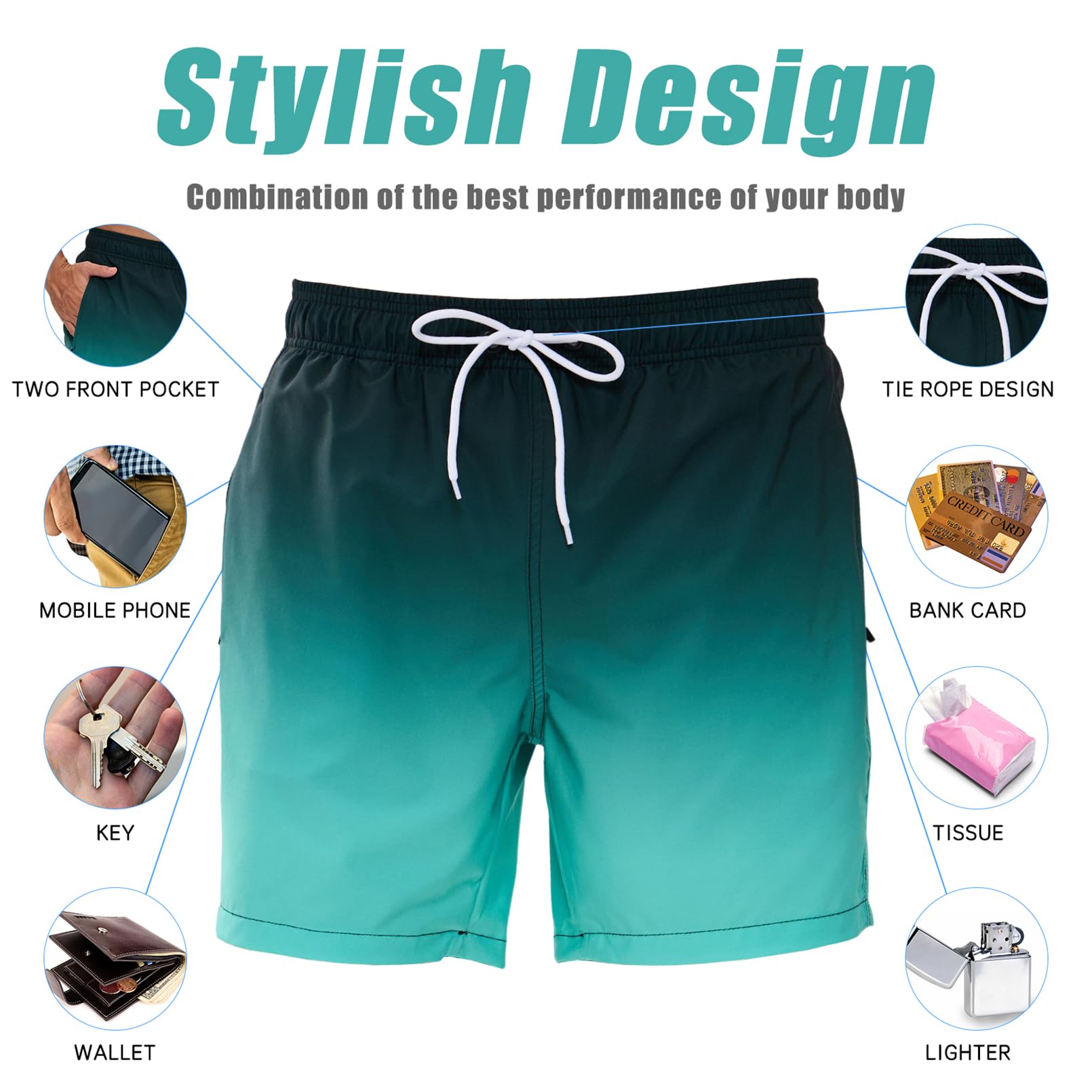 Vorvowry Costume Uomo Mare Calzoncini Asciugatura Rapida Costumi da Bagno Impermeabile Boxer con Tasca Estivi Pantaloncini Uomo Colore Sfumatore per Nuoto Corsa Fitness