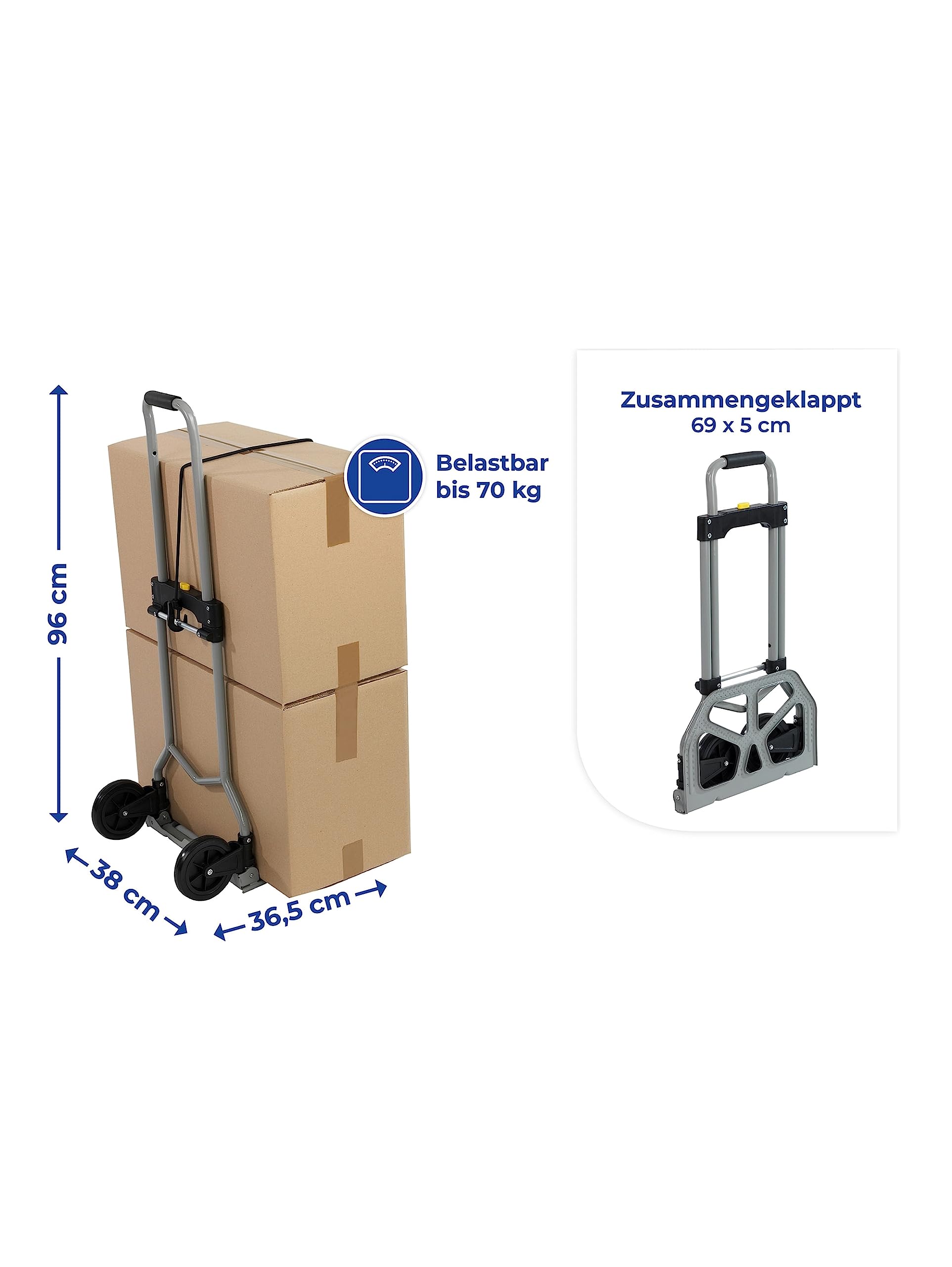 Maximex Transportkarren, klappbar - Hoch belastbare Transporthilfe bis 70kg, Stahl, 38 x 96 x 36.5 cm, Grau