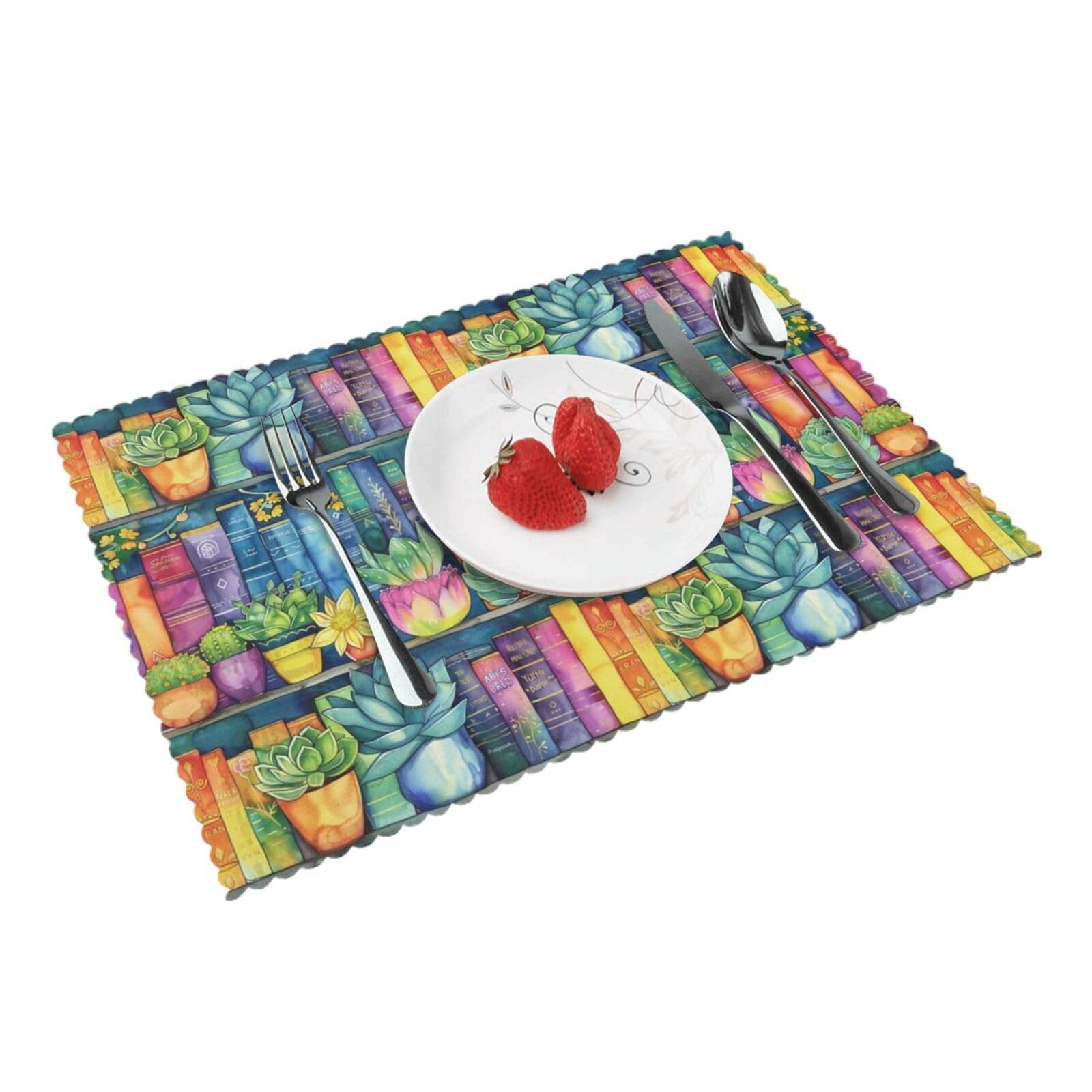 Rainbow Watercolor Bookshelf Books Flowers Placemats Set of 4 Print Table Mats Place Mats Table Decor for Kitchen Dining 12X18 in