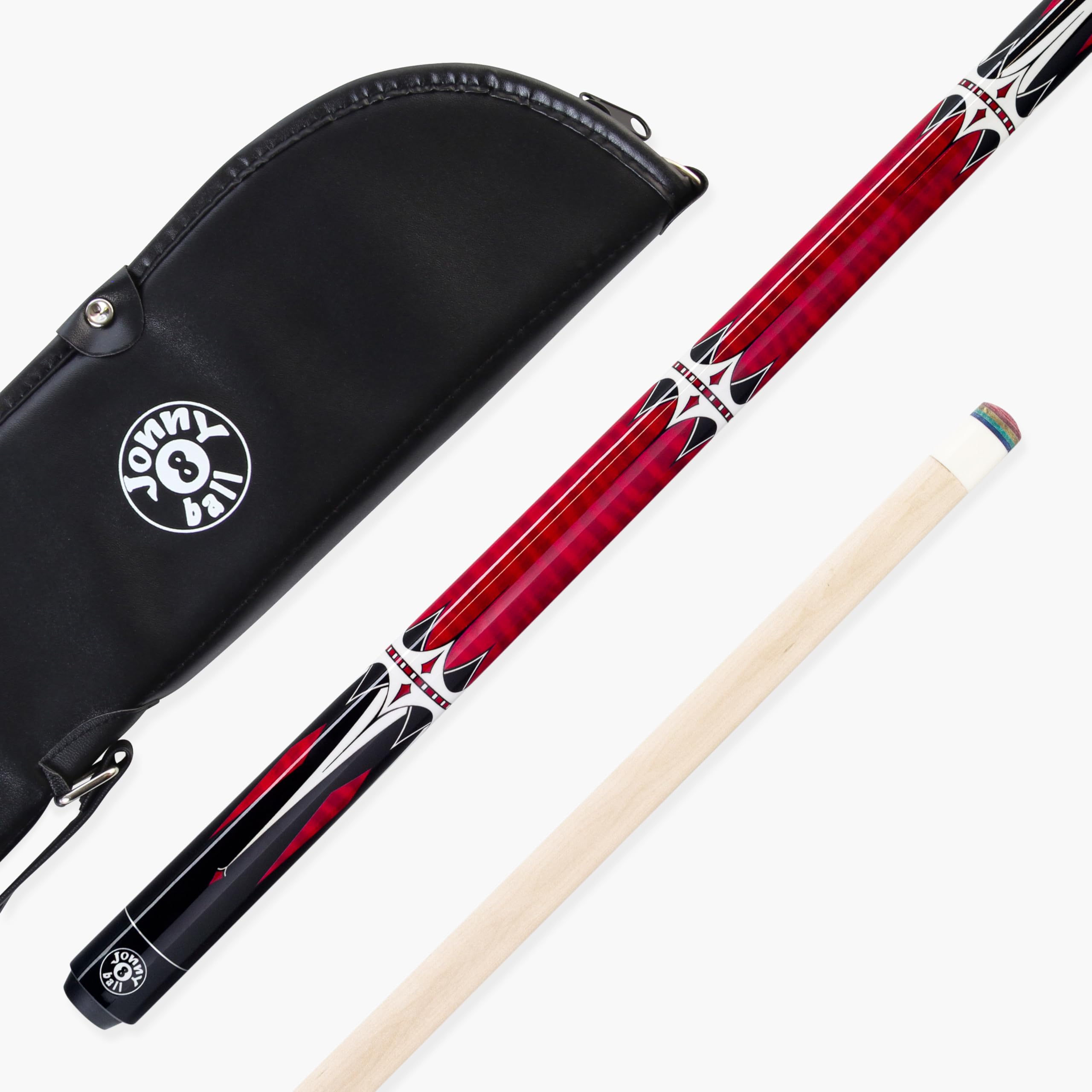 Jonny 8 Ball HARPOON 58 Inch 2 Piece Centre Joint American Pool Cue with Birch Shaft and 13mm Layered Leather Tip (Red Cue with Soft Case)