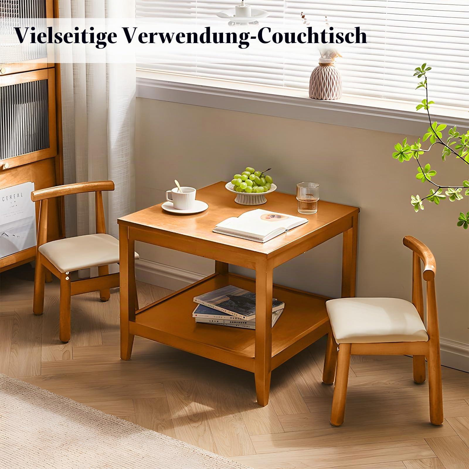 Beistelltisch aus Massivholz, Quadratischer Couchtisch mit Ablage, 2-Ebenen Kaffeetisch für Wohnzimmer, Nachttisch aus Gummibaumholz, 60 x 60 x 60 cm (Natur)