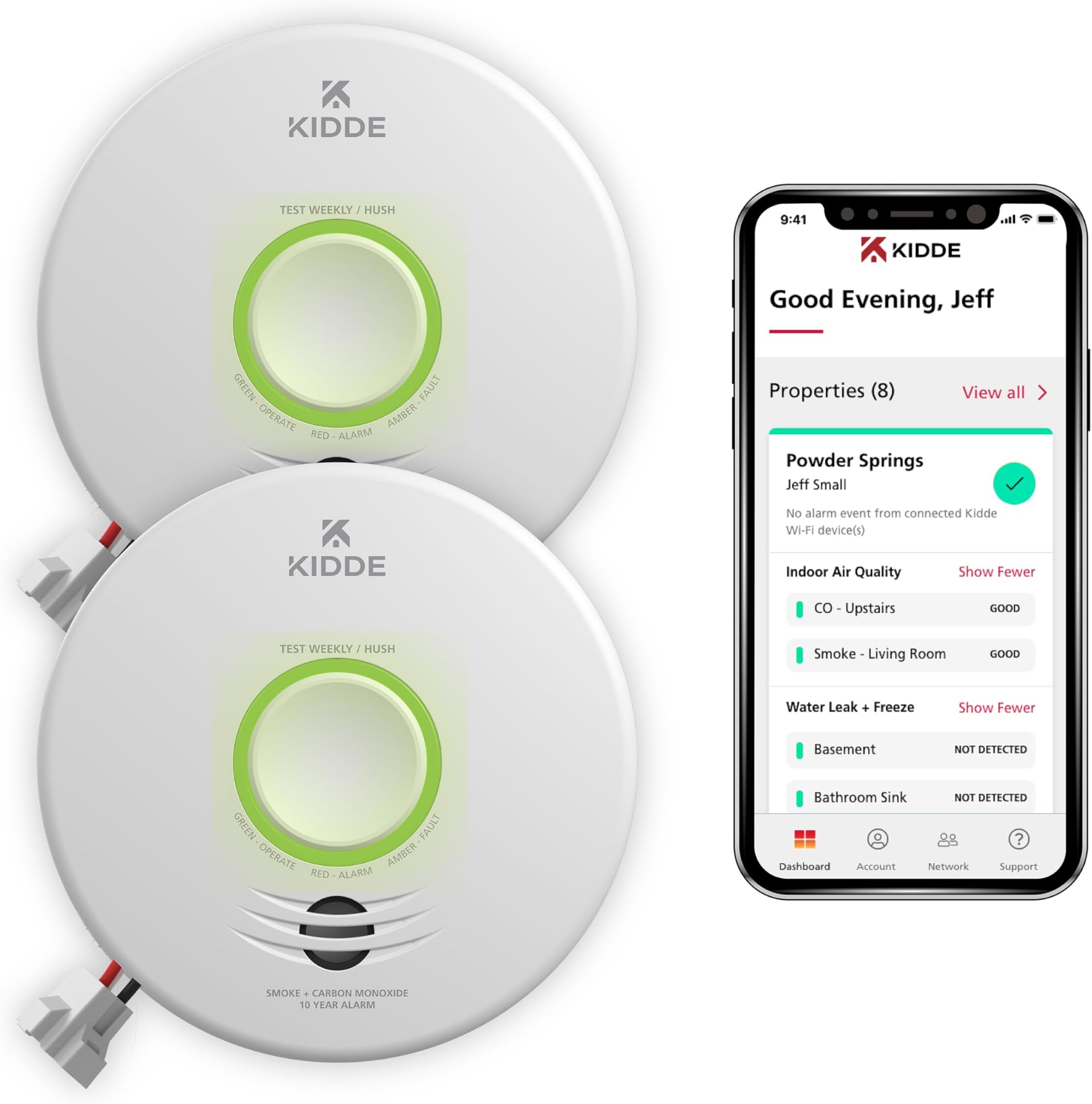 KiddeSmart Smoke & Carbon Monoxide Detector, WiFi, Alexa Compatible Device, Hardwired w/Battery Backup, Voice & App Alerts, 2 Pack