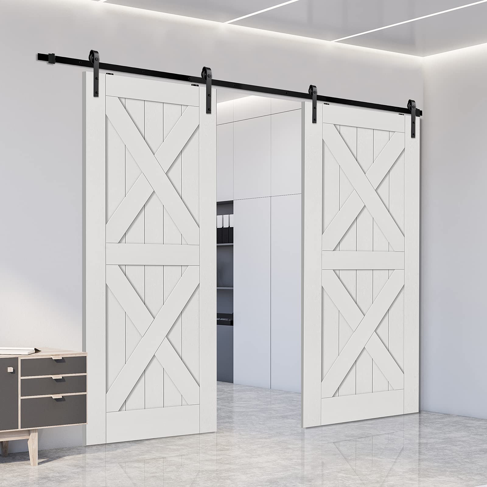 Photo 1 of 13 FT Sliding Barn Wood Door Hardware Kit Heavy Duty Door Rail Rail Track System Smoothly and Quietly Single Barn Door Hardware Fit 1 3/8-1 3/4" Double Door Panel (J Shape Hangers) 13ft