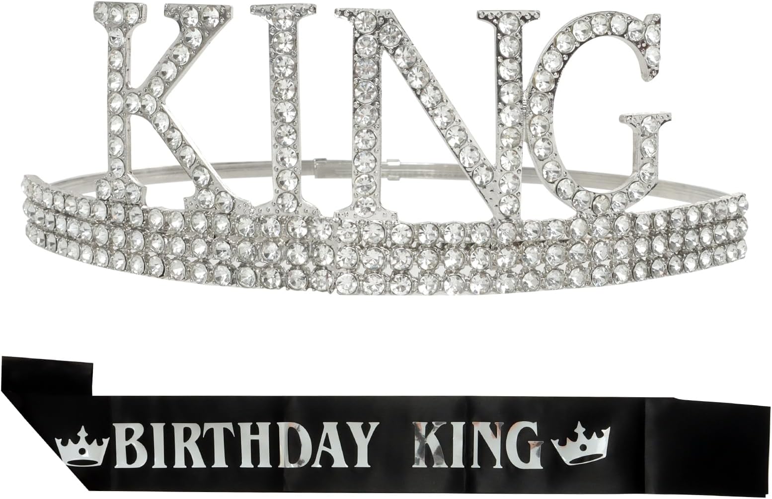 HeliltdMens Silver Birthday Crown and Birthday King Ribbon Adjustable Crown Mens Birthday Gift Mens Birthday Party Prom Decoration