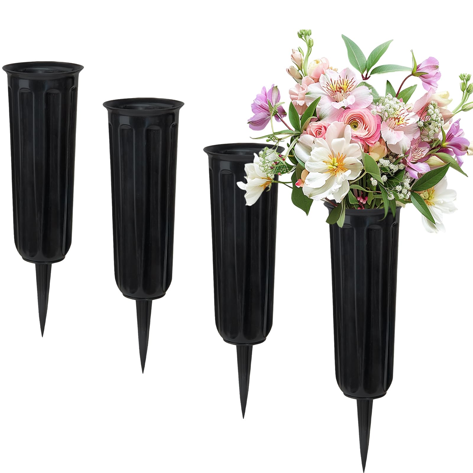 4 jarrones con púas, soporte de plástico para flores para cementerio, jarrón de flores, decoración para cementerio, lápida, lado de tumba (negro)