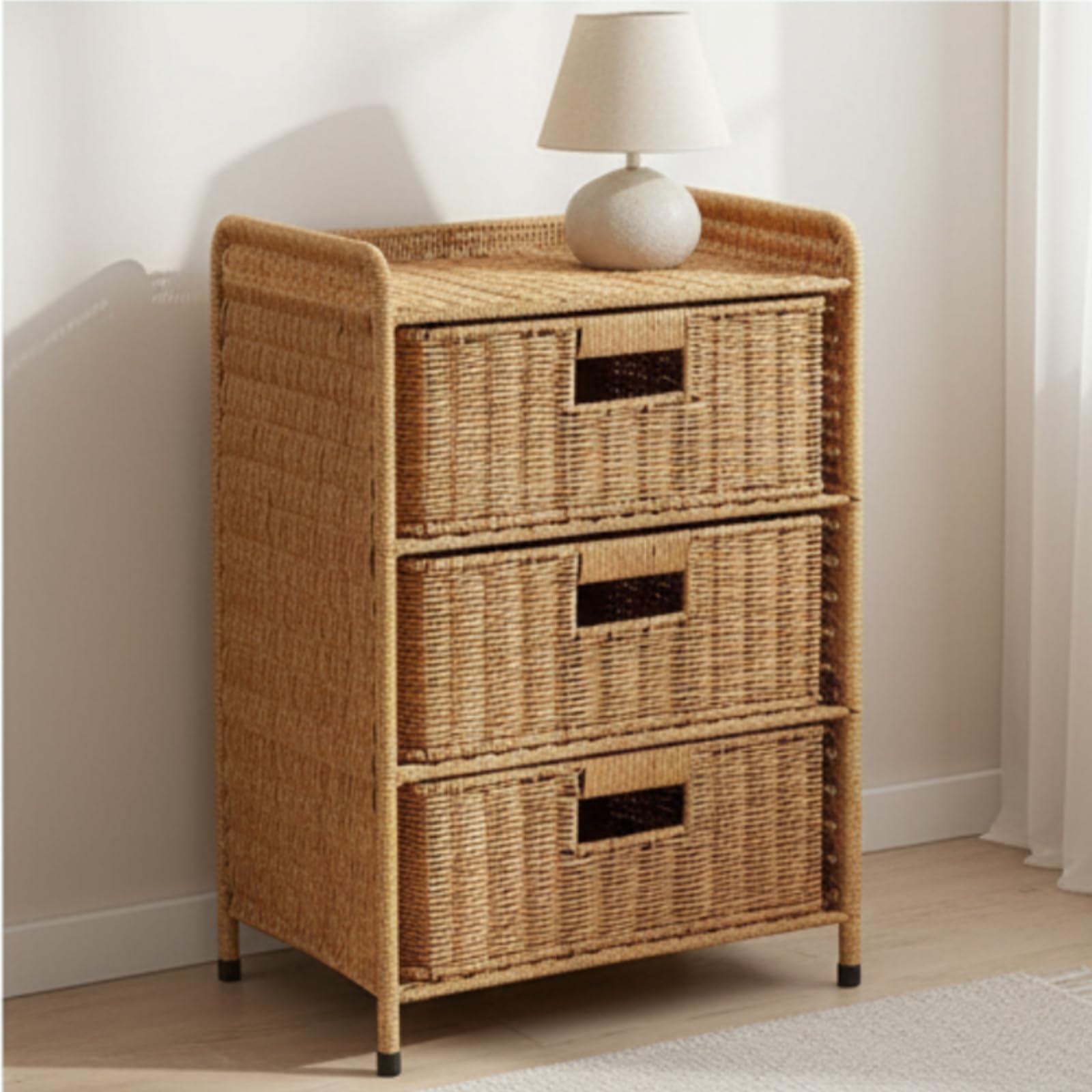 Comodino con Cassetti Facile da Pulire Mobile in Finto Rattan Moderna Comodino Intrecciato per Soggiorno