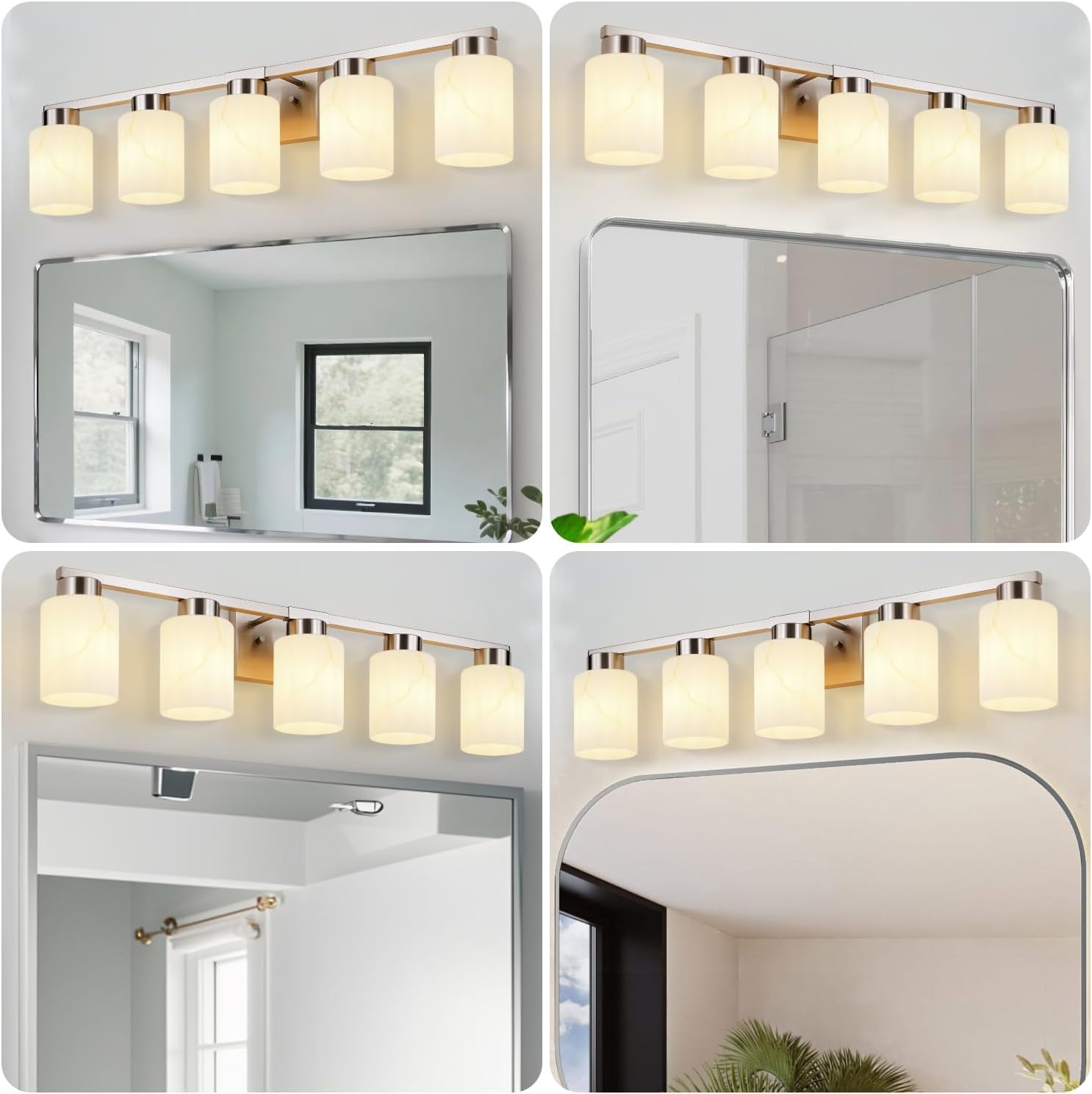 5-Light Bathroom Light Fixtures, Modern Vanity Lights, Brushed Nickel Metal Wall Lamp with White Marble Glass for Bathroom, Mirror, Living Room, Bedroom, Cabinet, Porch, Hallway, E26 Base