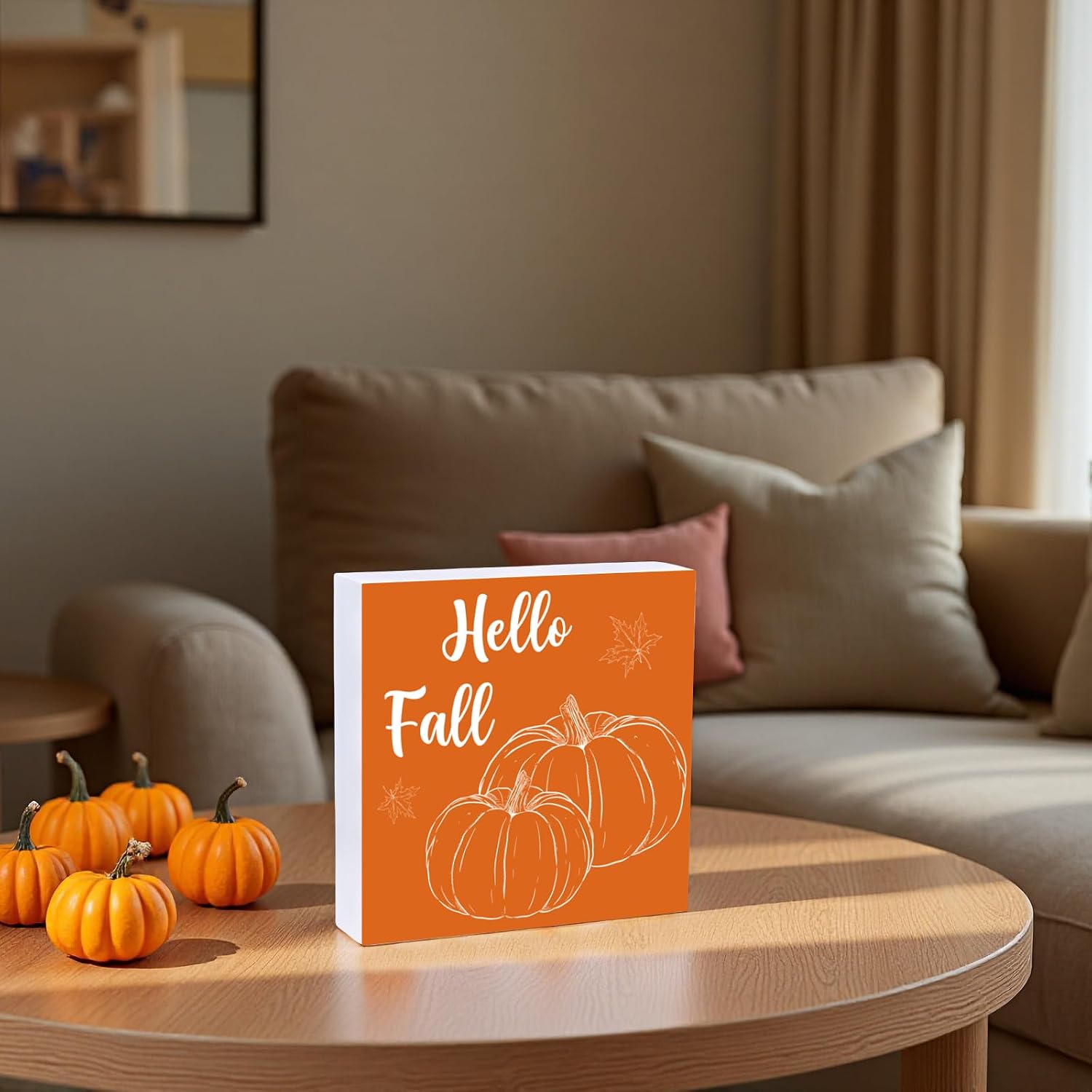 Fall Decorations for Home Fall Decor Home Room Orange Pumpkins Table Wood Box Sign Rustic Wooden Shelf Desk Office Decor Season Sign House Warming Gifts 5.9 x 5.9 Inch