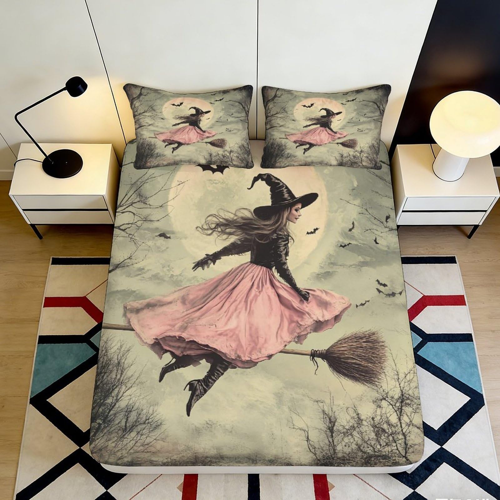 3D Printed Witch on Broom Fitted Sheet Microfiber Pink Moon Halloween Mattress Cover for Bedroom Decor Dorm Protection 140x200x25cm