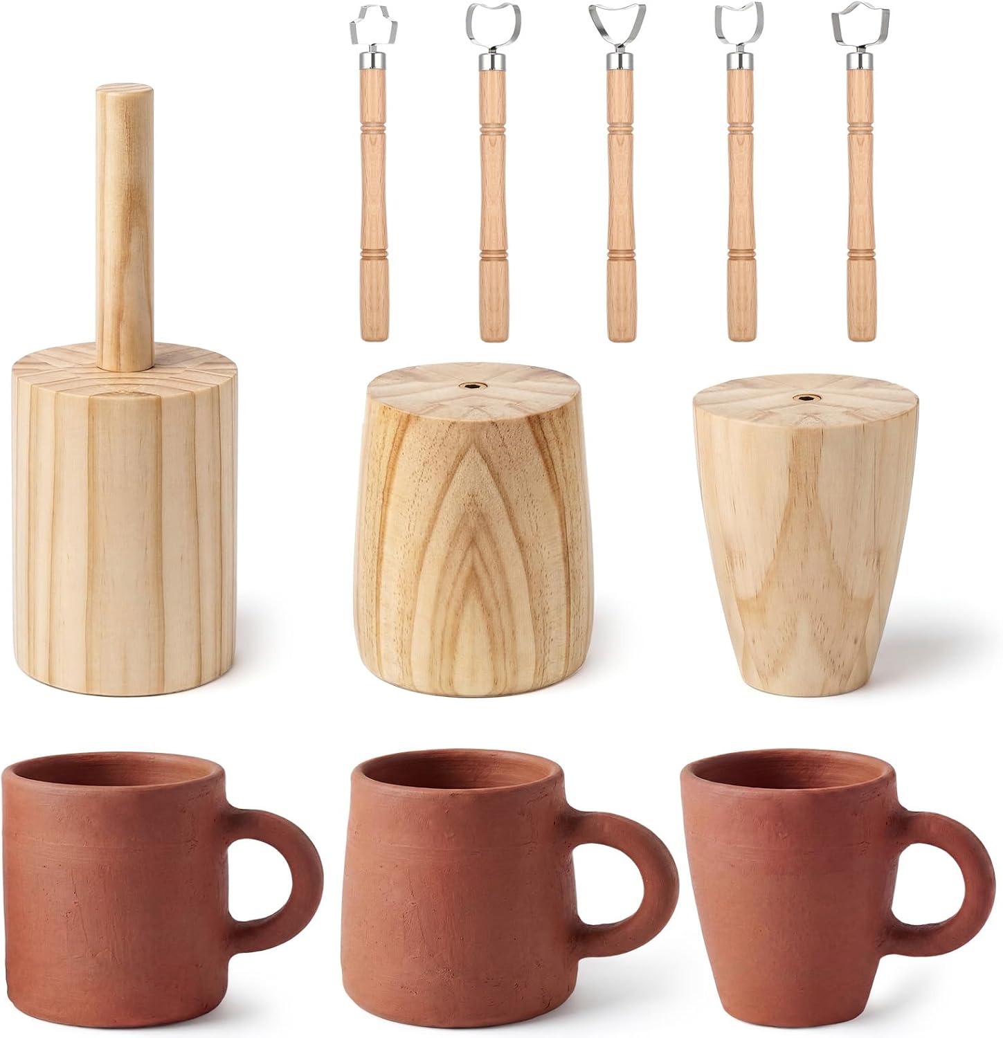 Ferrochef 8 Pack Cup Pottery Molds Clay Tools Set Wooden Sculpture Scraper Pottery Carving Tool Cup Handle Shape Clay Cutters for DIY Mug Vase Art Making (Large,20, 17, 12oz)