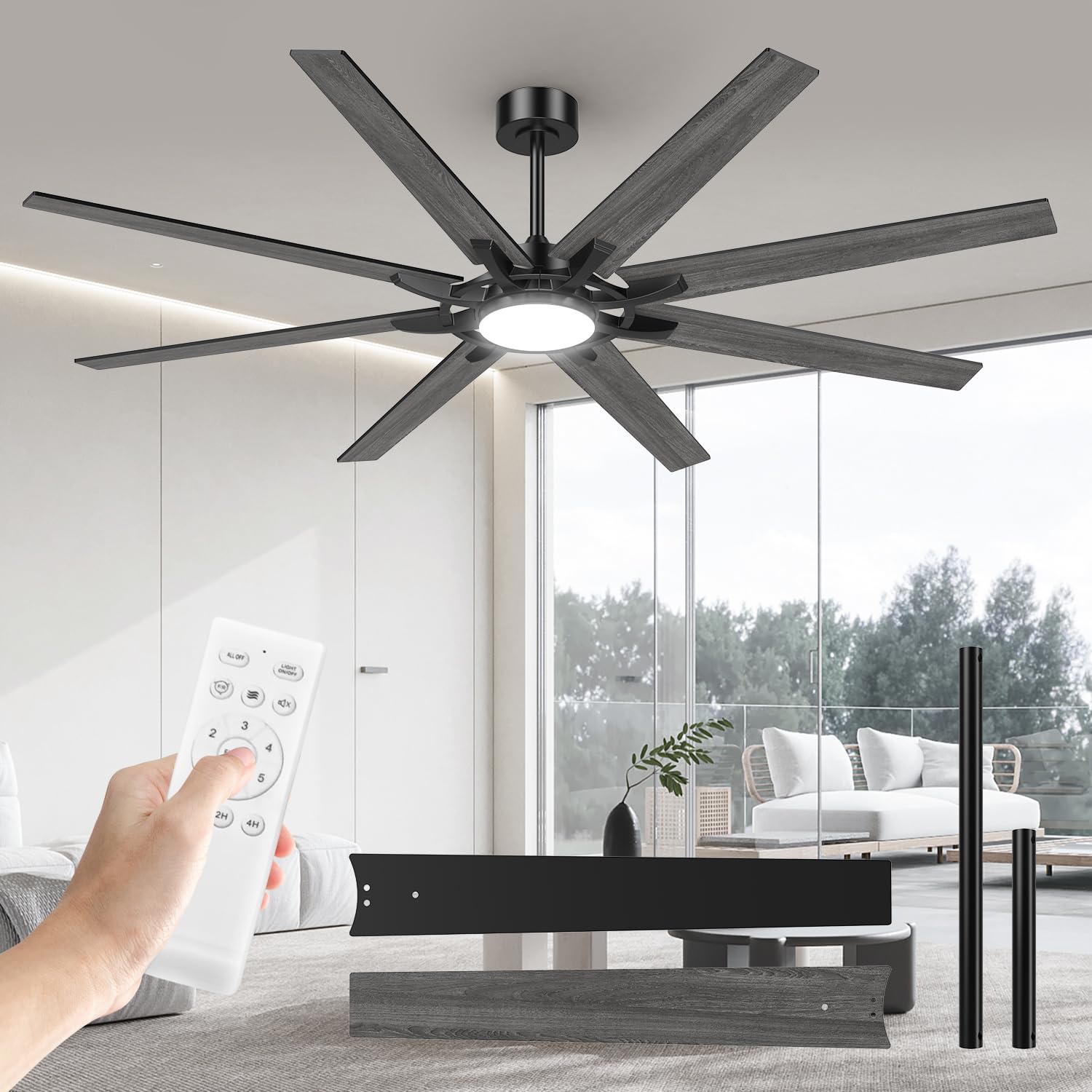 Airwit 183cm Deckenventilator mit Beleuchtung und Fernbedienung, Outdoor, leise, wendbare Flügel, Industrial Design