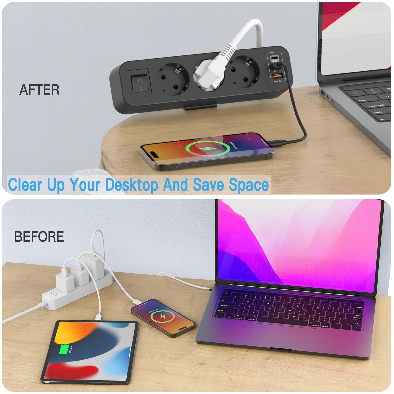 Prise de Table avec USB C, Prise Multiple 3 USB à 3 Voies avec Interrupteur, Multiprise de Bureau avec Câble 2M pour Bureau à Domicile. Noir (Lot de 6)