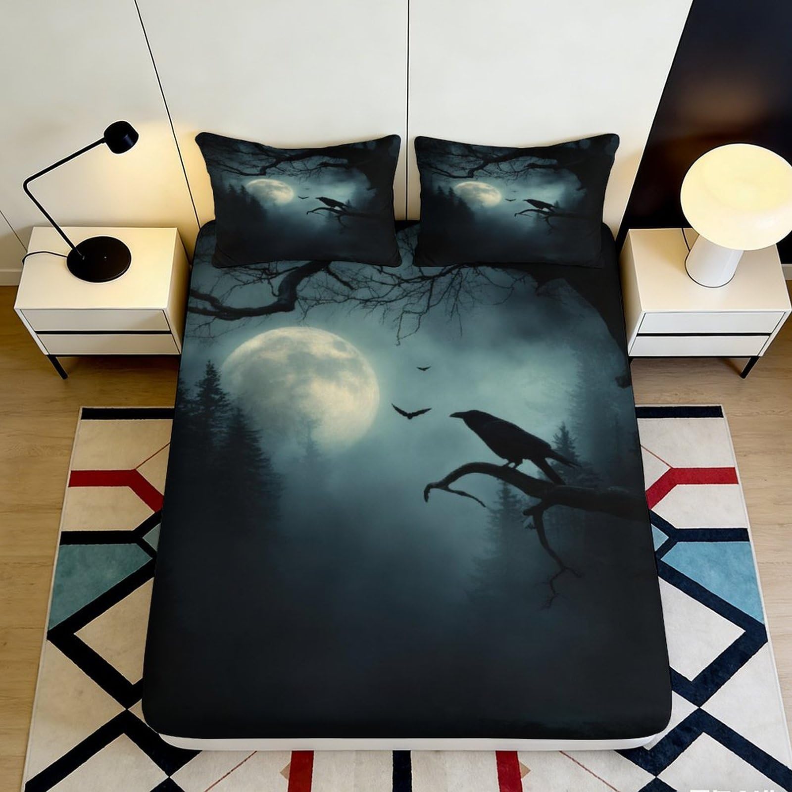 Pnayamiorkfel Style-8 3D Printed Moon Raven Fitted Sheet Microfiber Soft Breathable Forest Bed Cover For Bedroom Dorm Mattress Protection Decor 90X200x25cm