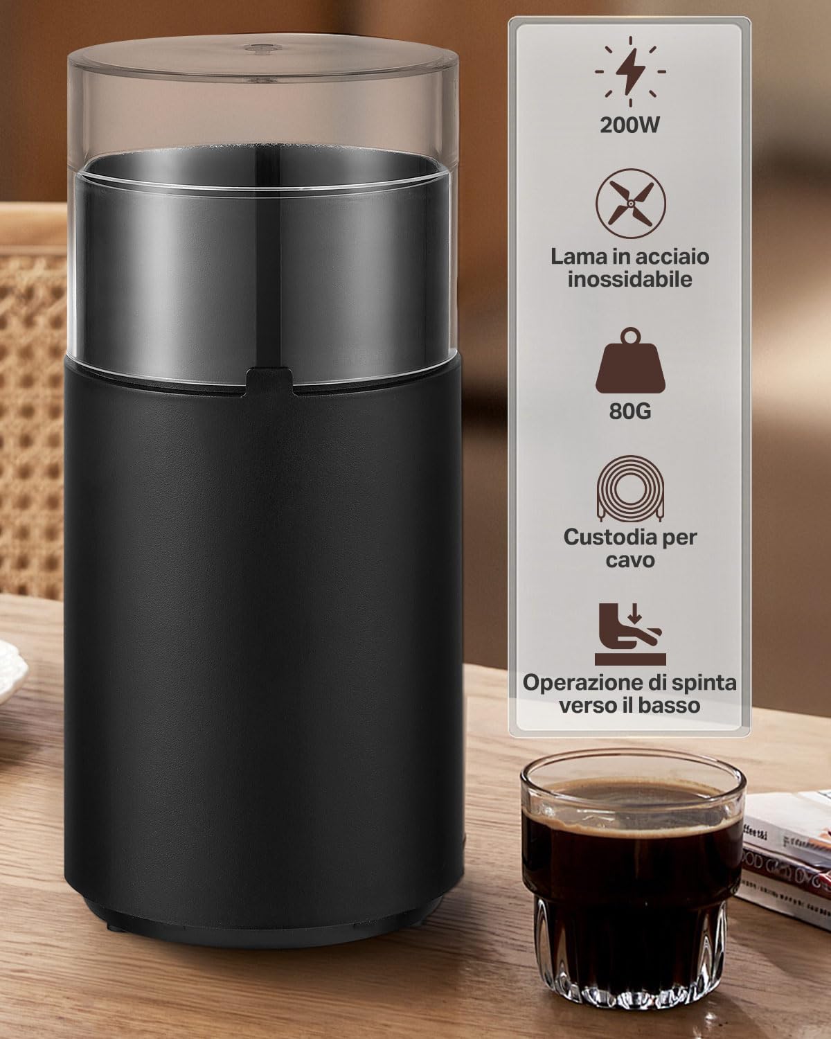 Maxesla Macina Caffè, Macinacaffè Elettrico, Macinatore di Spezie Silenzioso, Mulino da Caffè One Touch, Utilizzato per Fagioli, Spezie con Spazzola Pulita, Acciaio Inossidabile, HB-180-IT