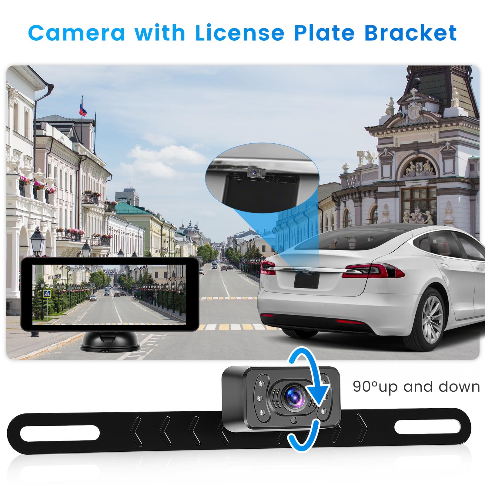 Monitor Bebé Coche con Cámara Pantalla IPS 6,9" Ventosa | Vigilancia Trasera Infantil. Visión Nocturna. Soporte Matrícula. DC 12V