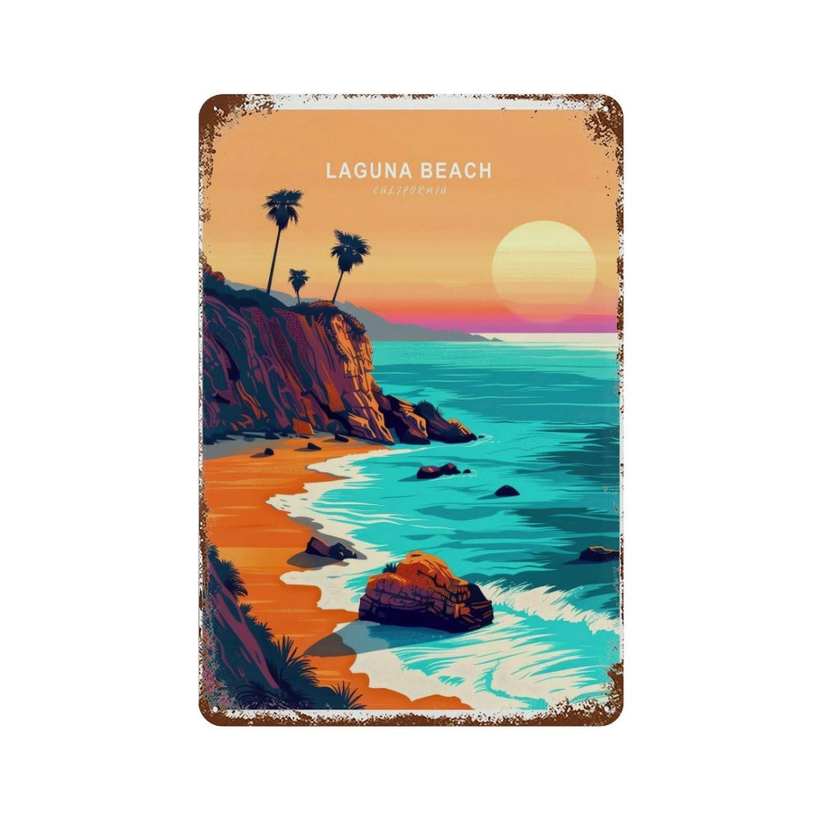 xiaoxiaoshen Laguna Beach California Travel Sunset Birthday Present, Home Decor Wall Decor Art Metal Tin Poster Modern Home Decor Art Home Bar Shop Decorations Vintage Sign 30x20cm