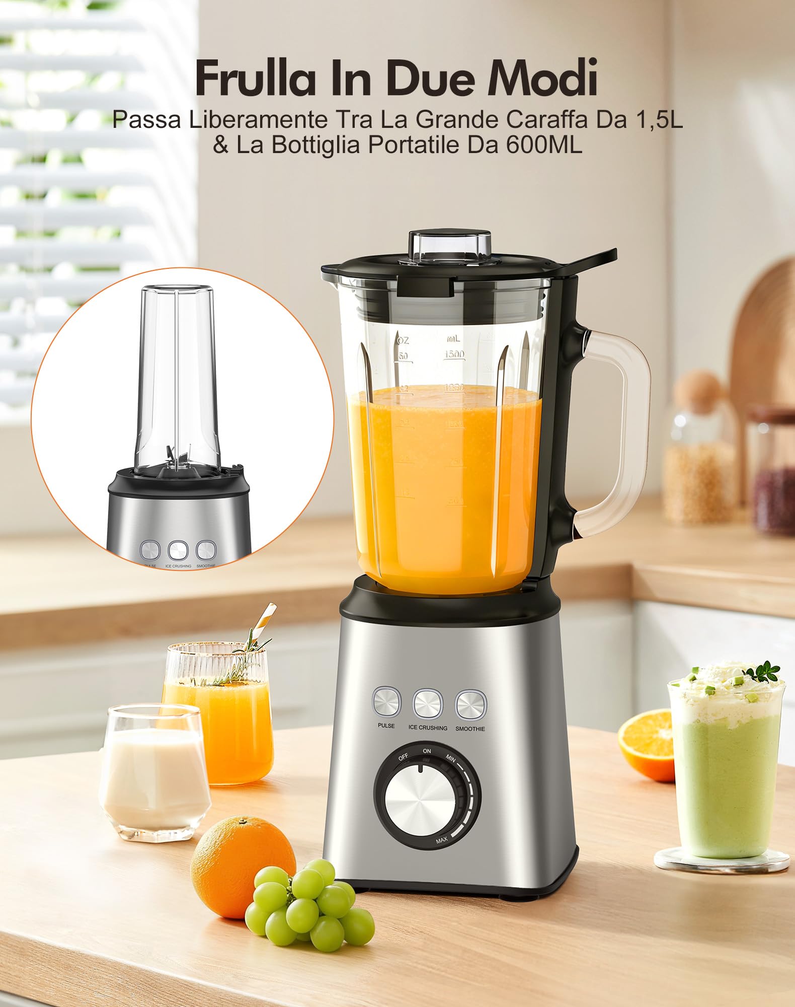 Frullatore Elettrico 1000W, Mixer Cucina con Bicchiere Vetro 1.5L + 600ml Bottiglie, Velocità Infinita, 24000 RPM, per Frullati, Succhi, Smoothie, Tritaghiaccio, Inossidabile (Argento)
