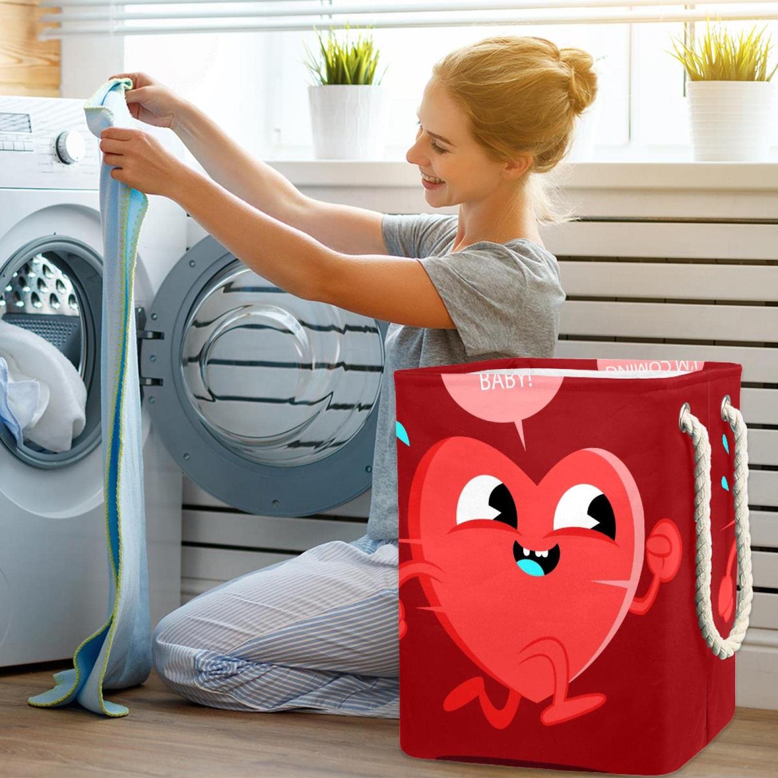 Cesta impermeable para la ropa sucia con asa, corazón rojo