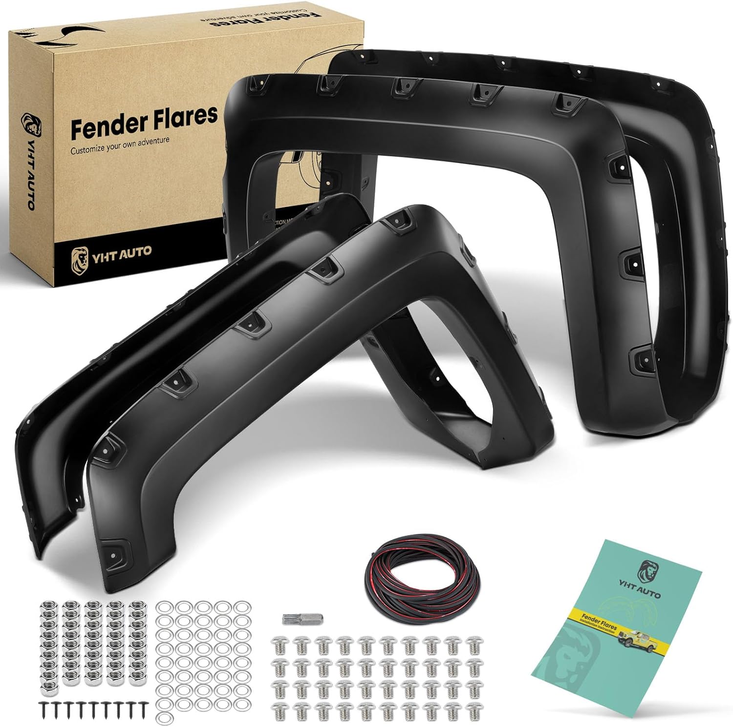 YHTAUTO Pocket Bolt-Riveted Style Fender Flares Fits 2014-2018 Chevy Silverado 1500 Front & Rear, 5.8Ft Short Bed ONLY, Shiny Black Wheel Flare Cover Protector w/Hardware Kit, Set of 4