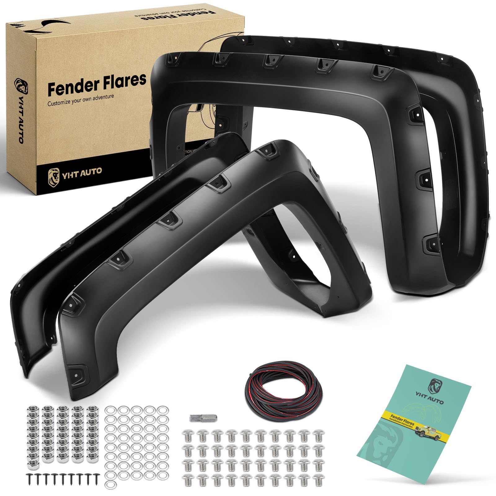 YHTAUTO Pocket Bolt-Riveted Style Fender Flares Fits 2014-2018 Chevy Silverado 1500 Front & Rear, 5.8Ft Short Bed ONLY, Shiny Black Wheel Flare Cover Protector w/Hardware Kit, Set of 4