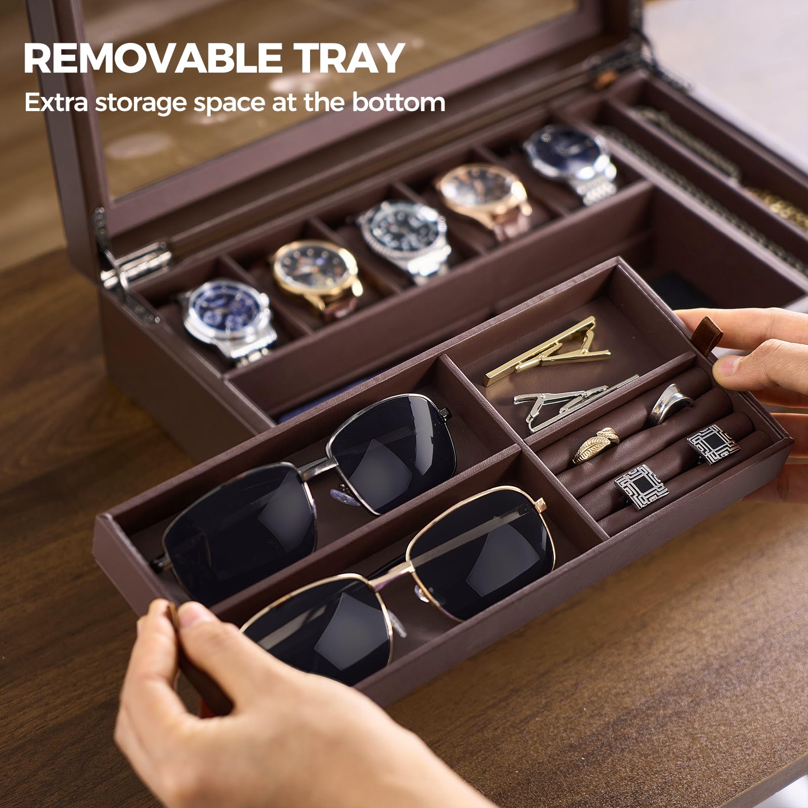 ProCase Orologio Scatola Gioielli Organizzatore, 5 Slot Vetrina Orologio in Pelle con Coperchio di Vetro Trasparente Divisori Rimovibili Scatola Gioielli Per Anelli Braccialetti Occhiali-Espresso