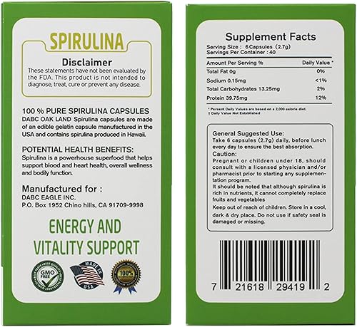 Miniatura 3 de DABC OAK LAND-Spirulina Capsules 240 Capsules, Health Food, 100% Vegetarian,Pure Hawaiian Spirulina 500 mg, Supports Immune System, Heart (One