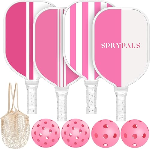Juego de 4 palas de pickleball rosadas, aprobadas por USAPA, juego de 4 con 4 bolas de pickleball y 1 bolsa de transporte de madera de primera