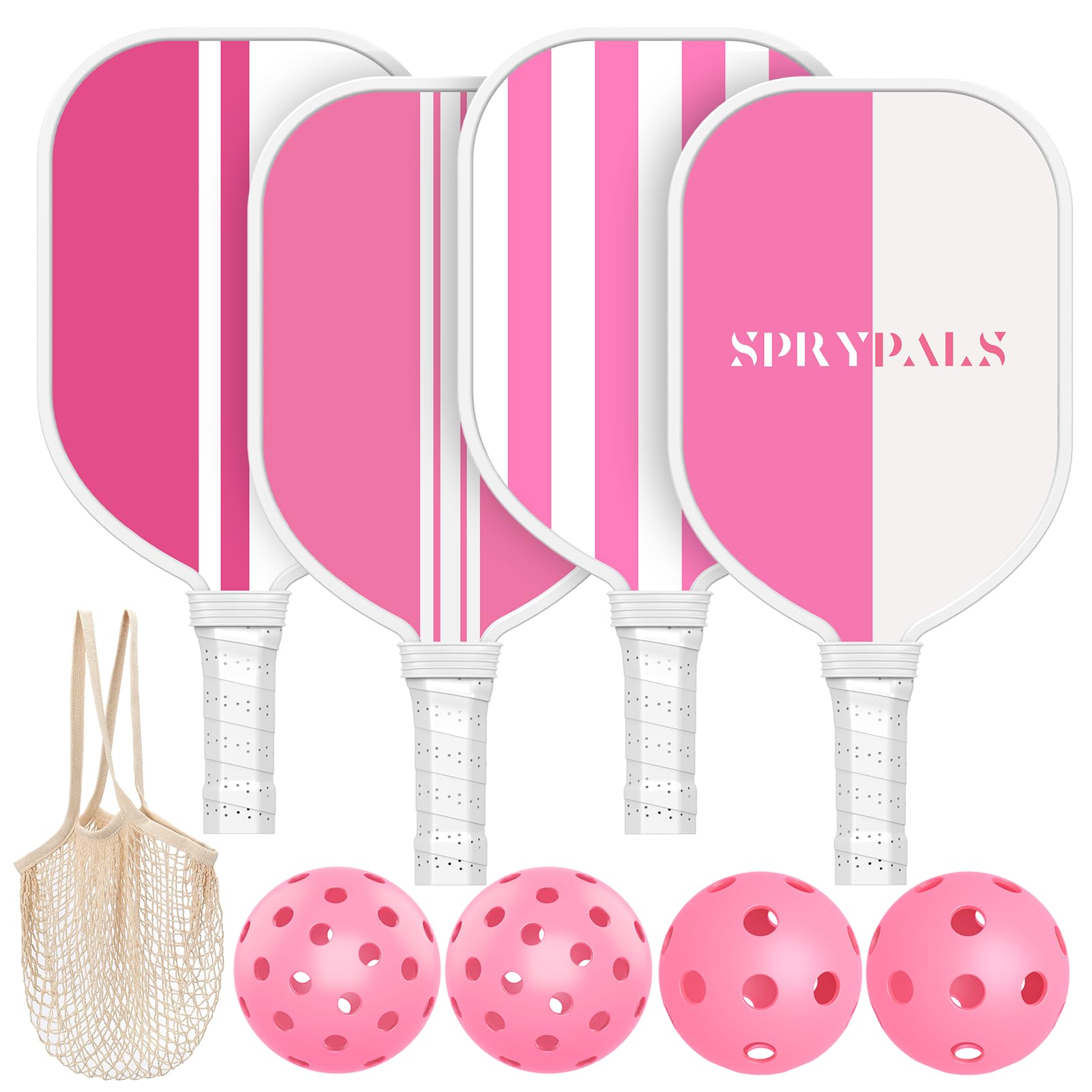 Sprypals Pink Pickleball Paddles, USAPA Approved Pickleball Set of 4 with 4 Pickleball Balls & 1 Carry Bag Premium Wooden Cute Pickle Ball Paddles Rackets Ergonomic Cushion Grip Gifts for Women Youth